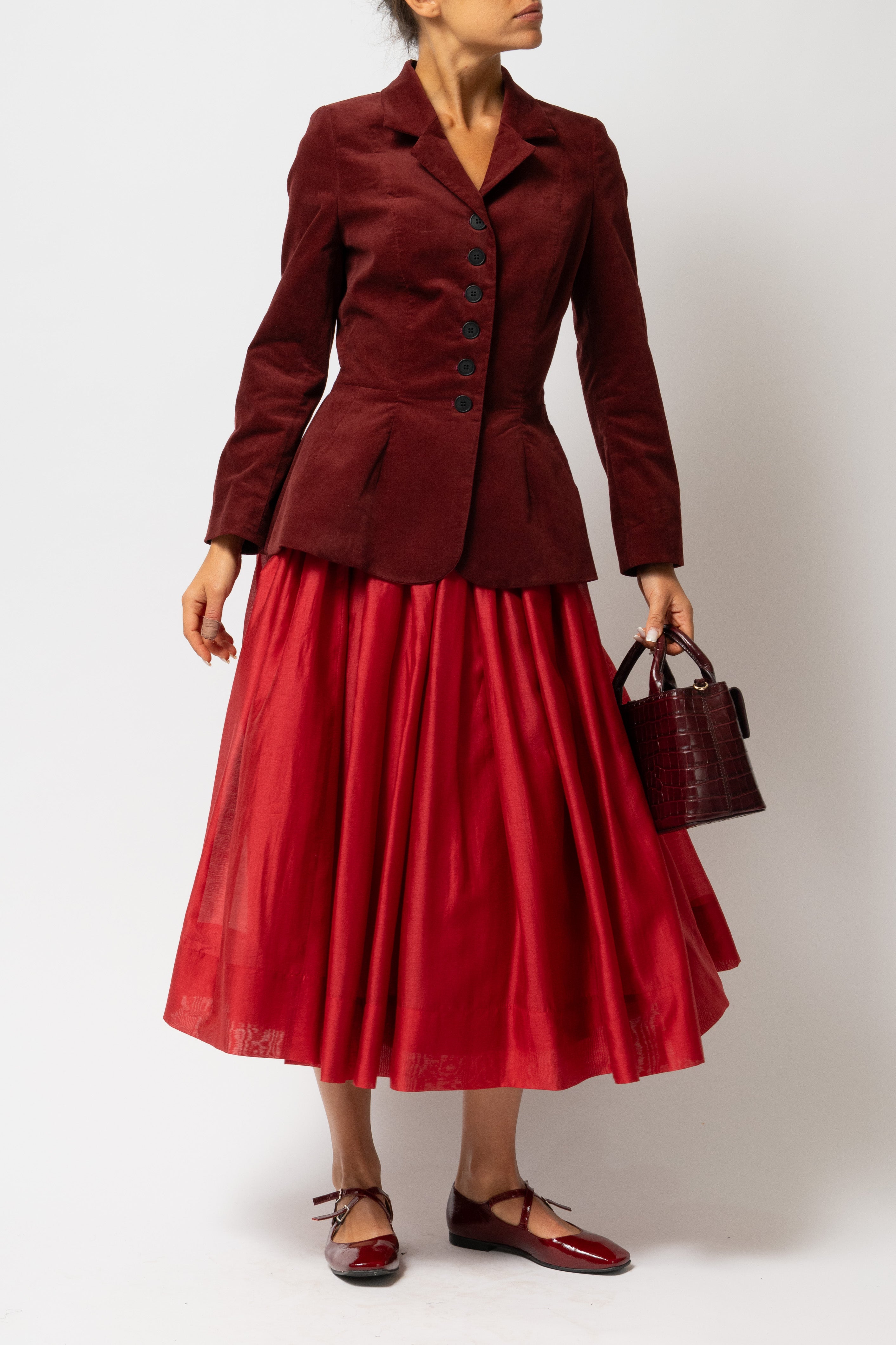 Fusta Midi Ampla din Organza de Viscoza, Rosie Pompeian