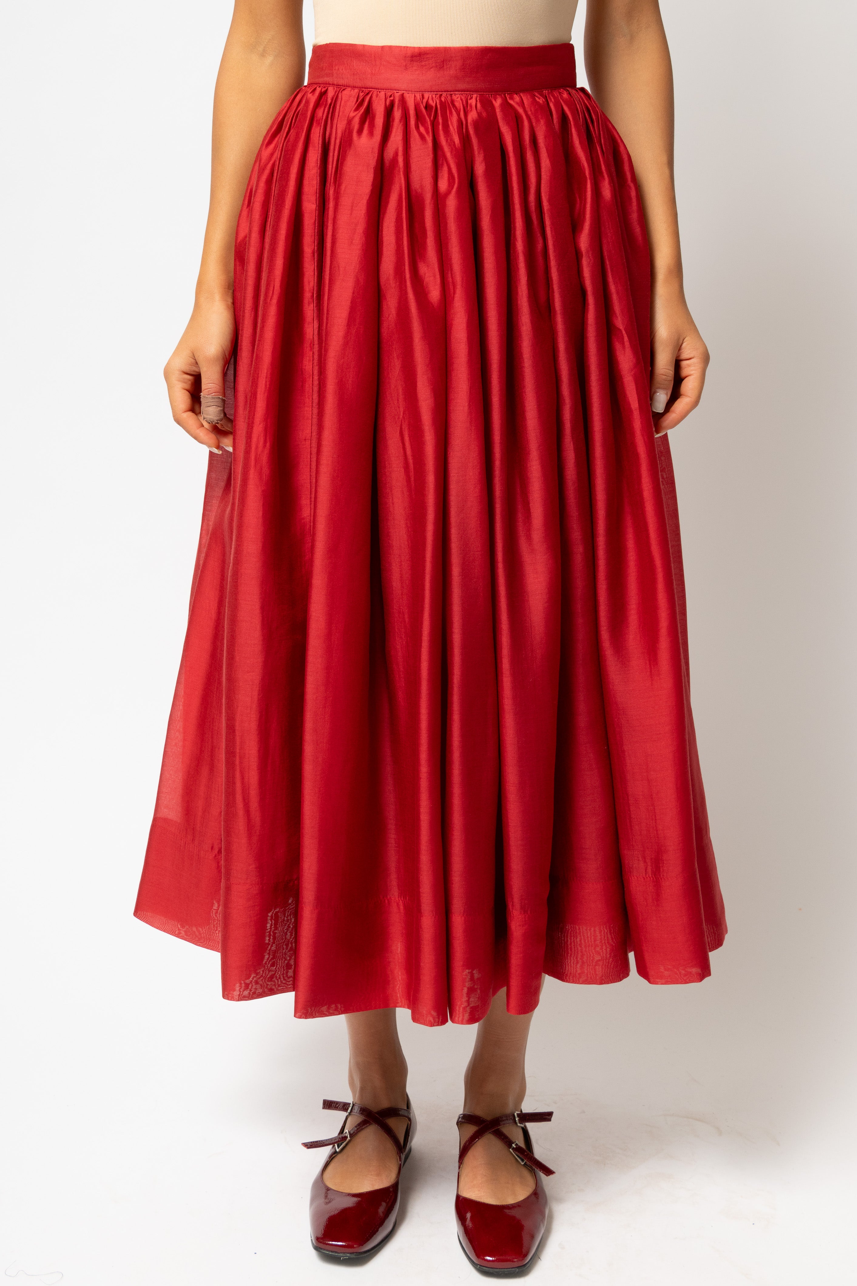 Fusta Midi Ampla din Organza de Viscoza, Rosie Pompeian