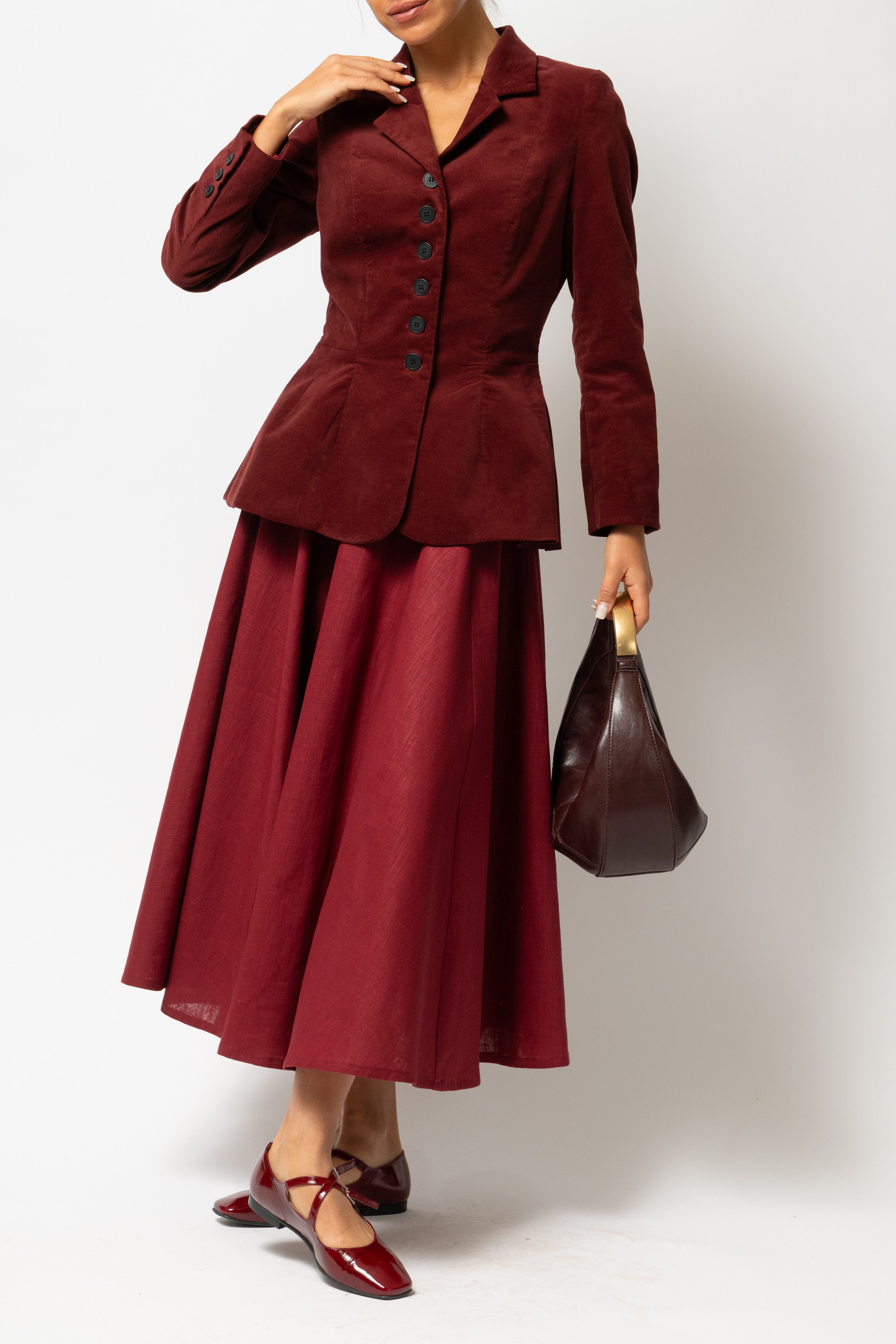 Sacou cu Guler cu Revere din Catifea de Bumbac, Bordo