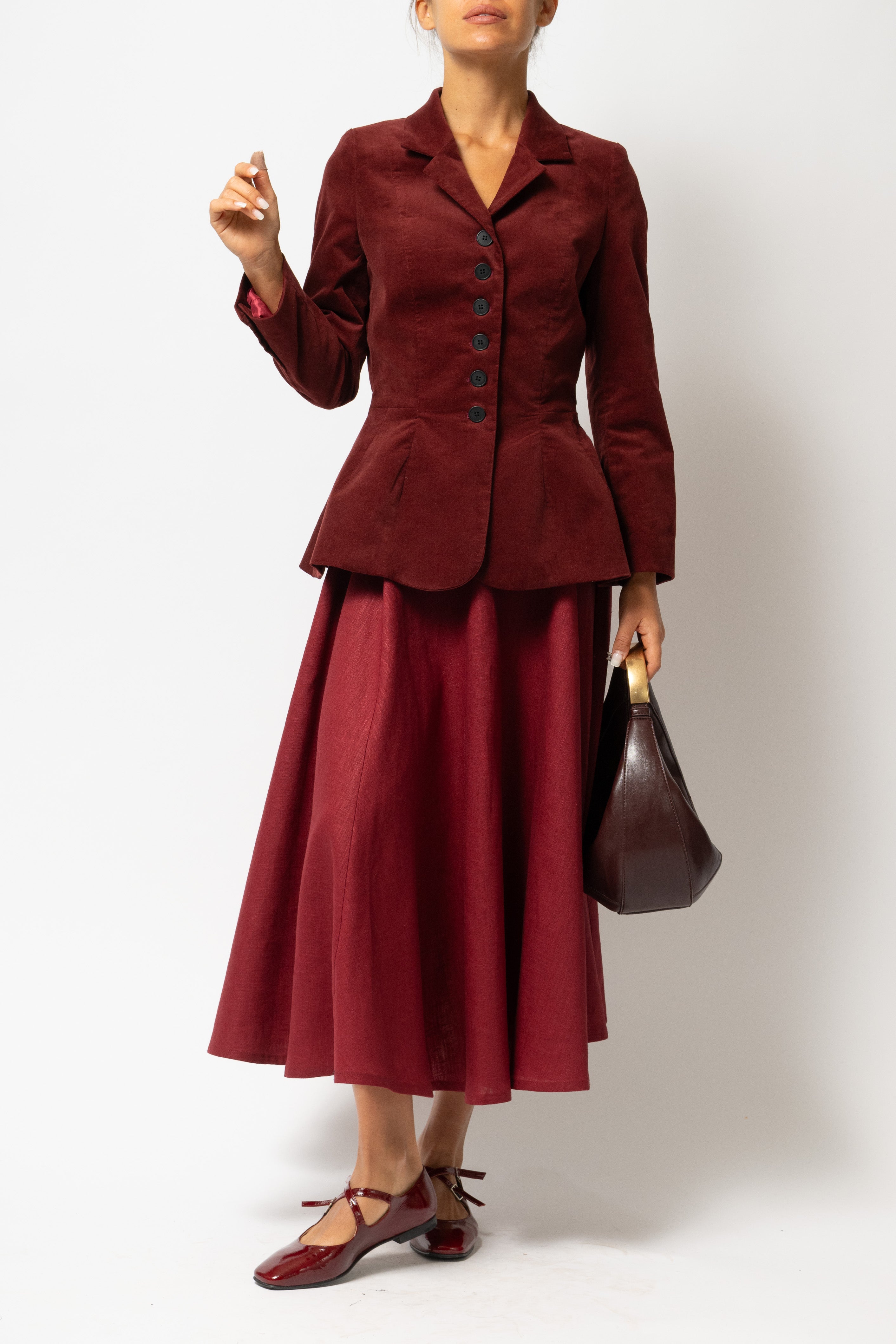 Sacou cu Guler cu Revere din Catifea de Bumbac, Bordo