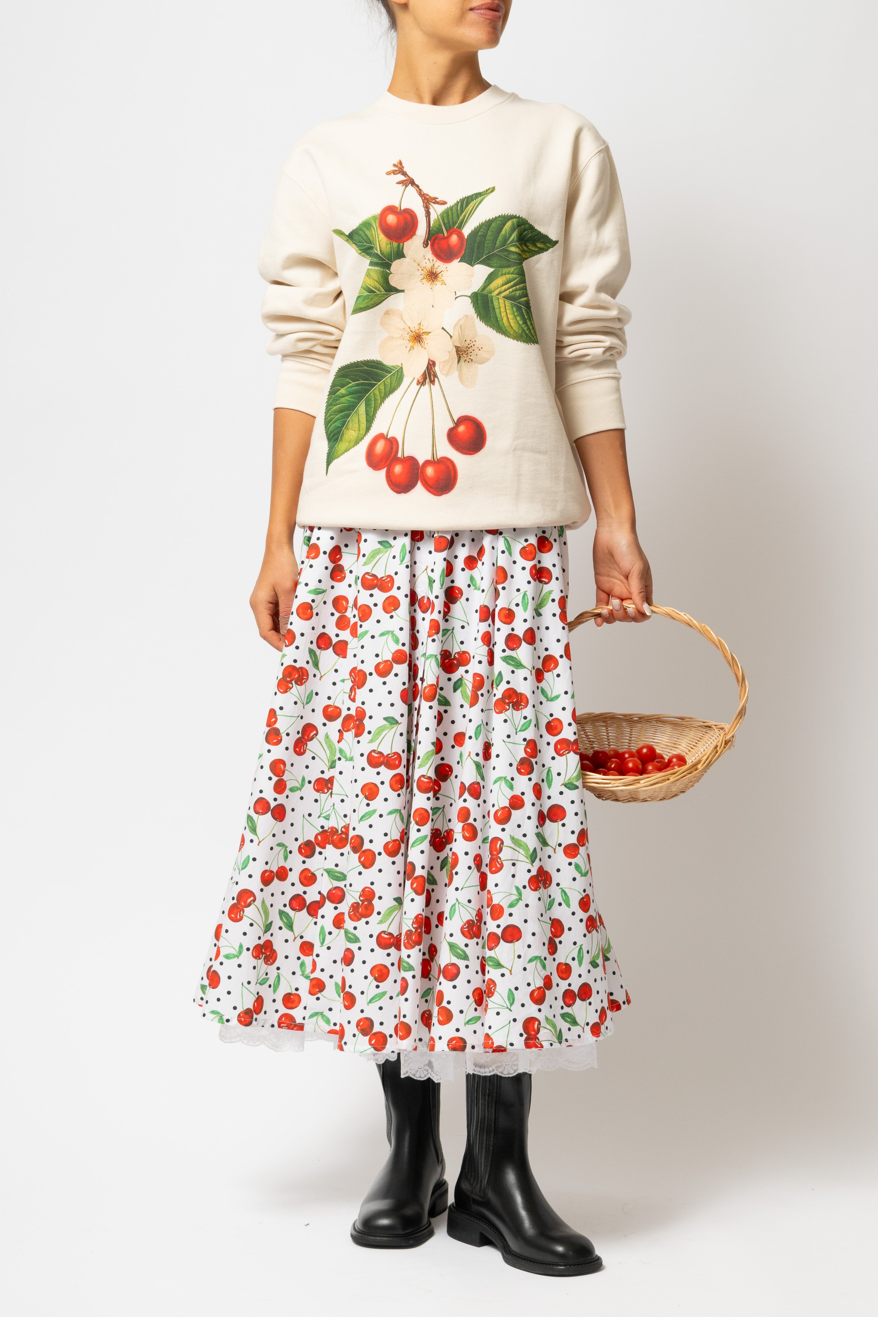 Fusta Midi cu Imprimeu de Cirese din Bumbac “Eyeful x Milla Milla”, Alba