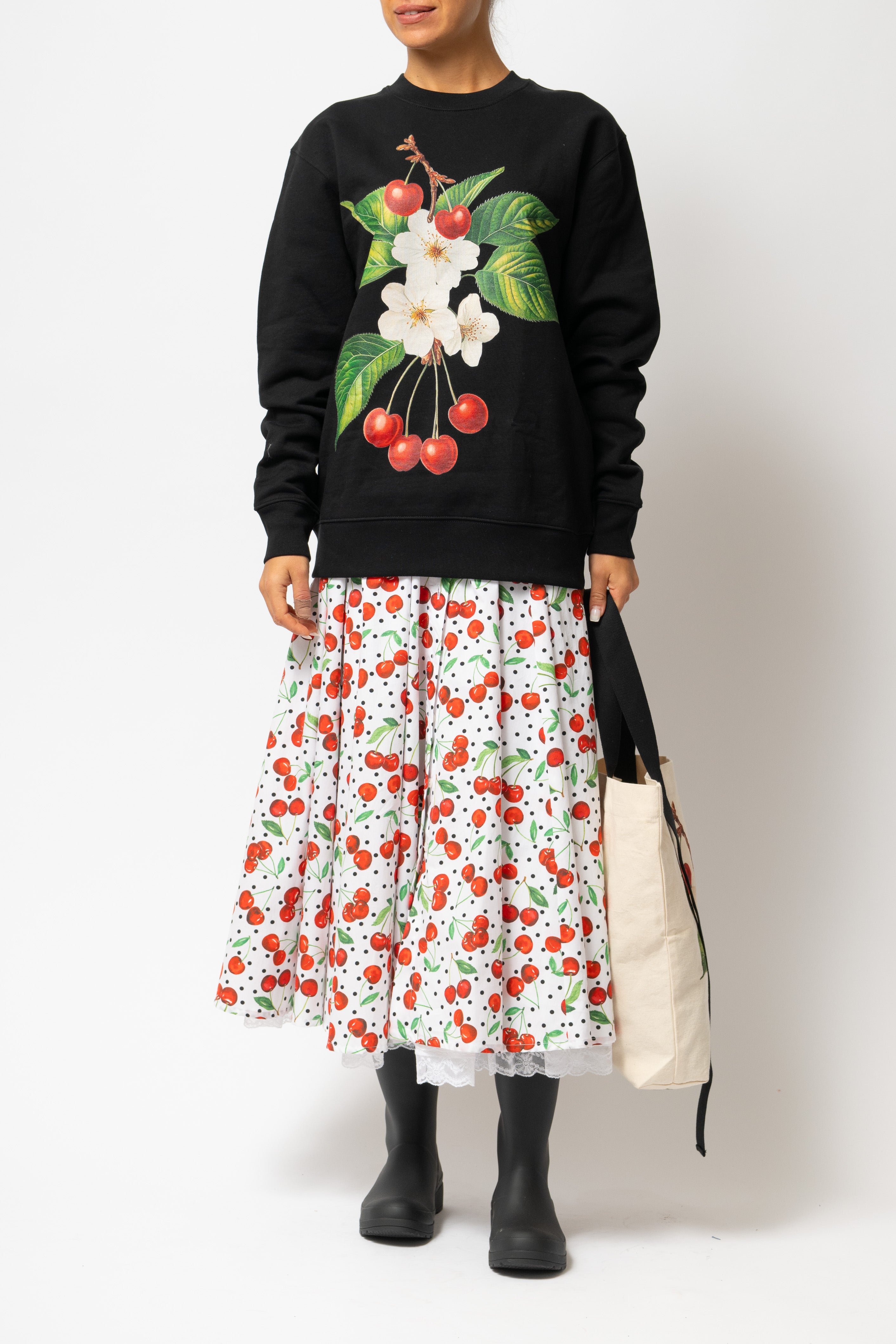 Fusta Midi cu Imprimeu de Cirese din Bumbac “Eyeful x Milla Milla”, Alba