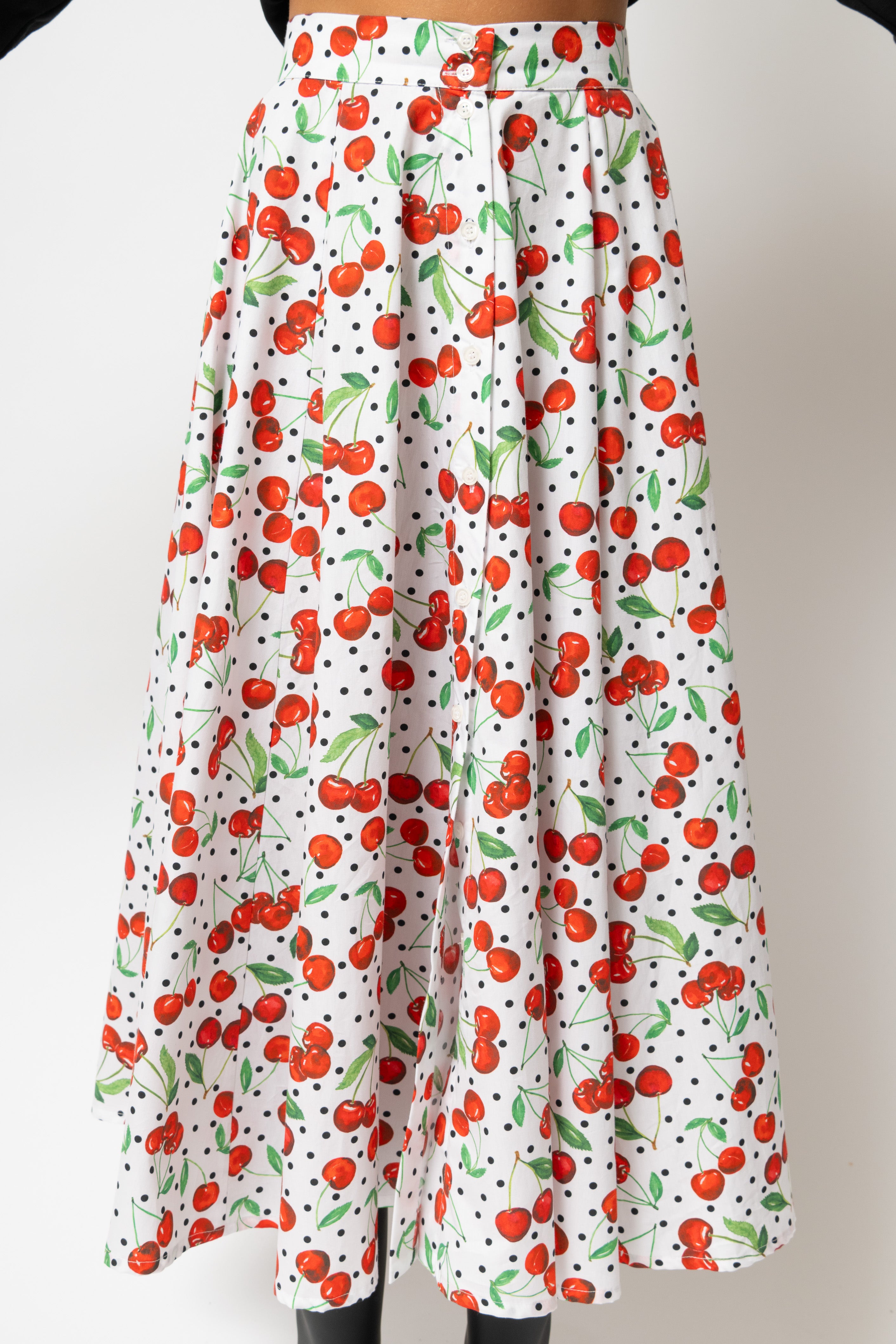 Fusta Midi cu Imprimeu de Cirese din Bumbac “Eyeful x Milla Milla”, Alba