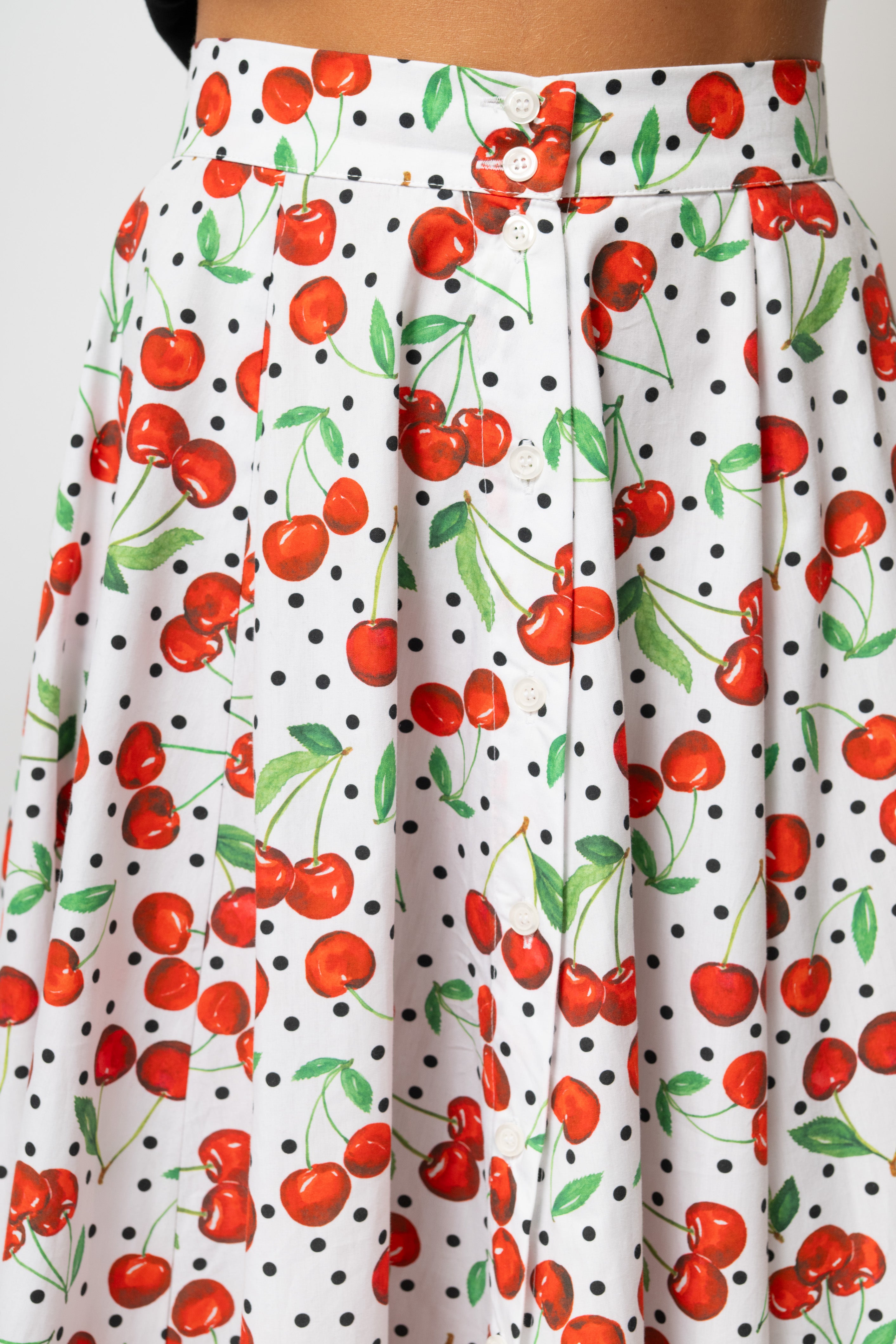 Fusta Midi cu Imprimeu de Cirese din Bumbac “Eyeful x Milla Milla”, Alba