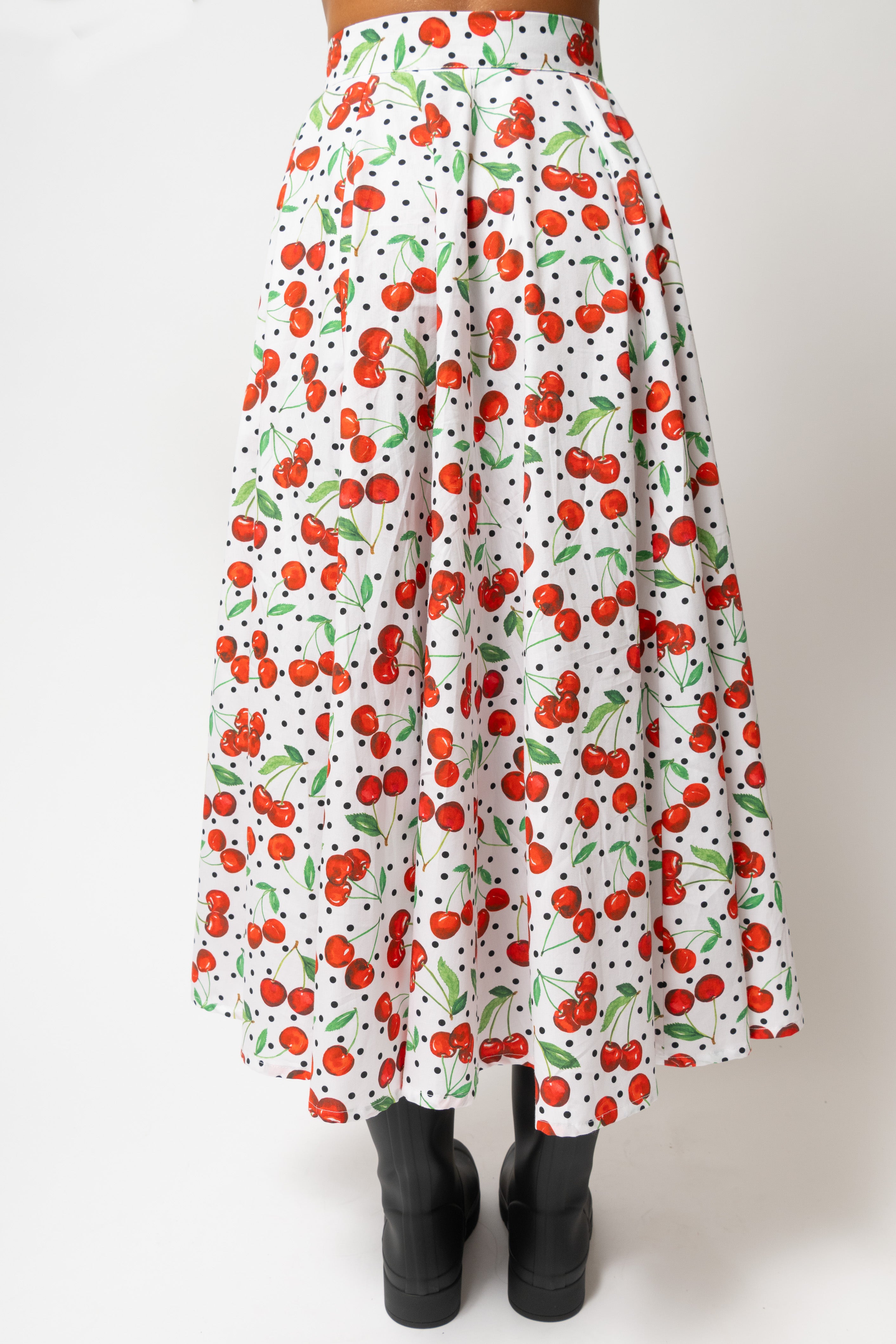 Fusta Midi cu Imprimeu de Cirese din Bumbac “Eyeful x Milla Milla”, Alba