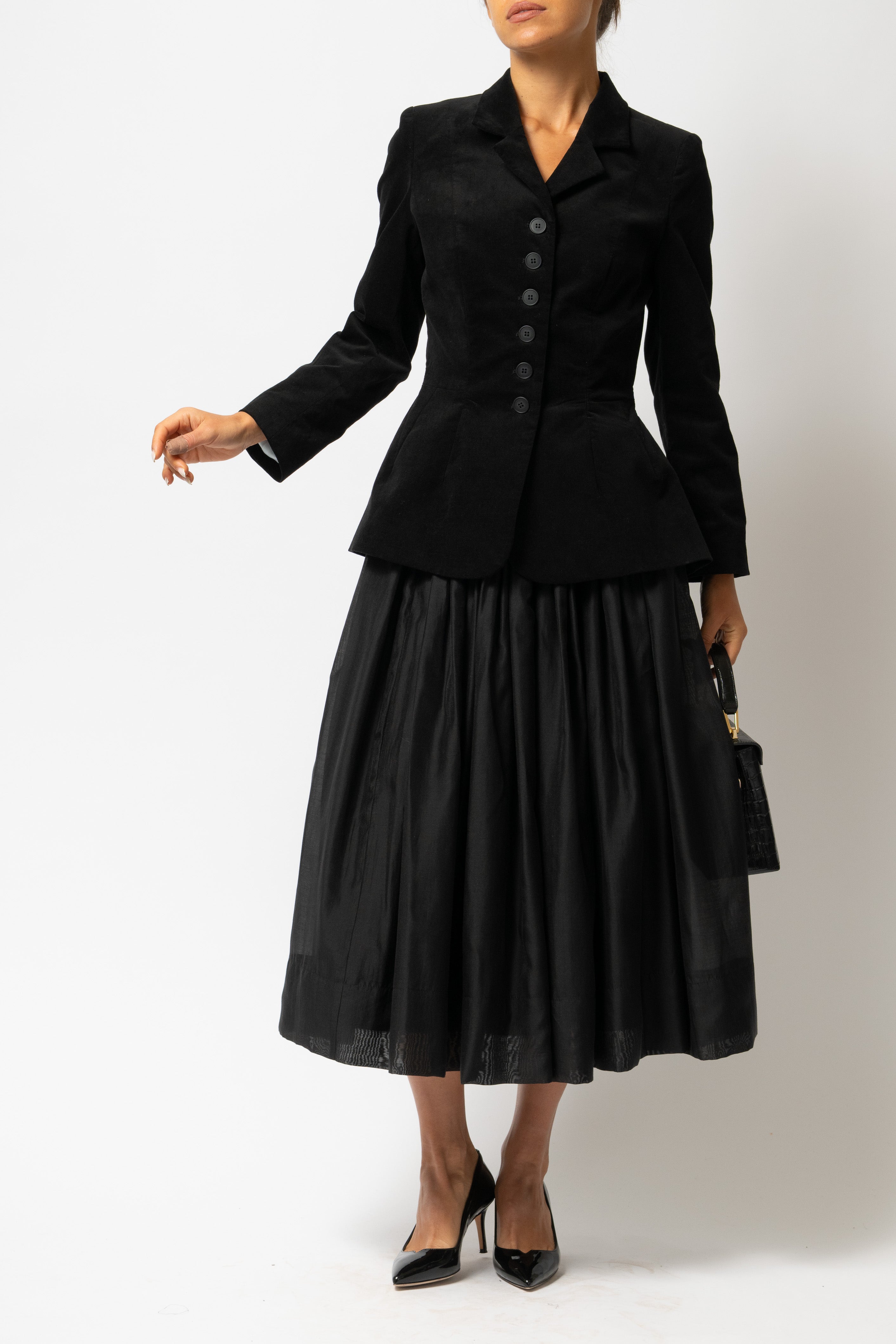 Sacou cu Guler cu Revere din Catifea de Bumbac, Negru