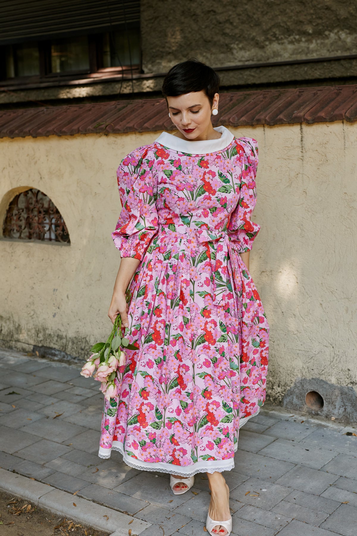 Rochie Midi din Bumbac cu Flori Roz