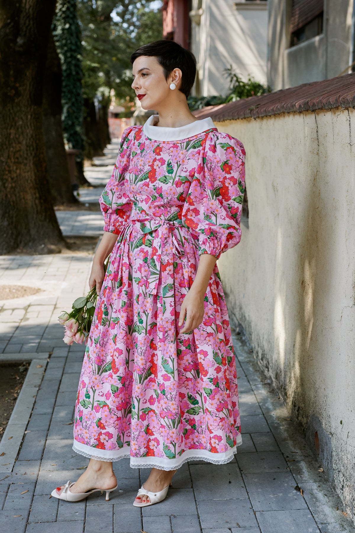 Rochie Midi din Bumbac cu Flori Roz