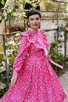 Rochie Midi Roz din Bumbac cu Volane si Dantela