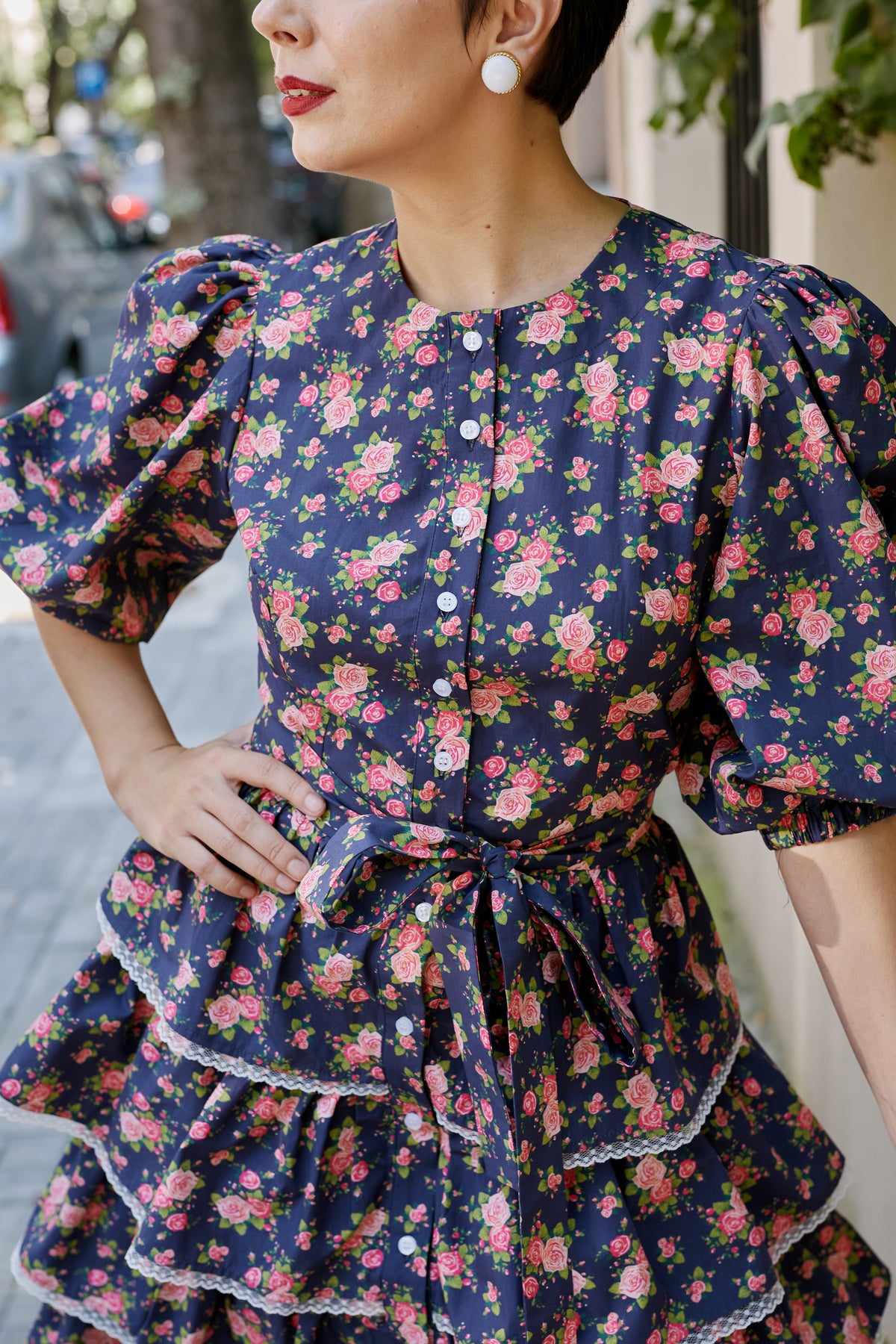 Rochie Midi din Bumbac Bleumarin cu Volane si Dantela