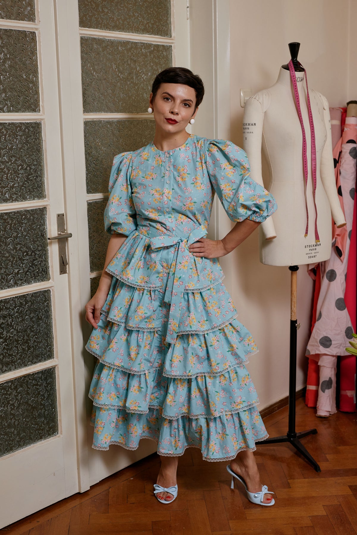 Rochie Midi din Bumbac Aqua cu Volane si Dantela