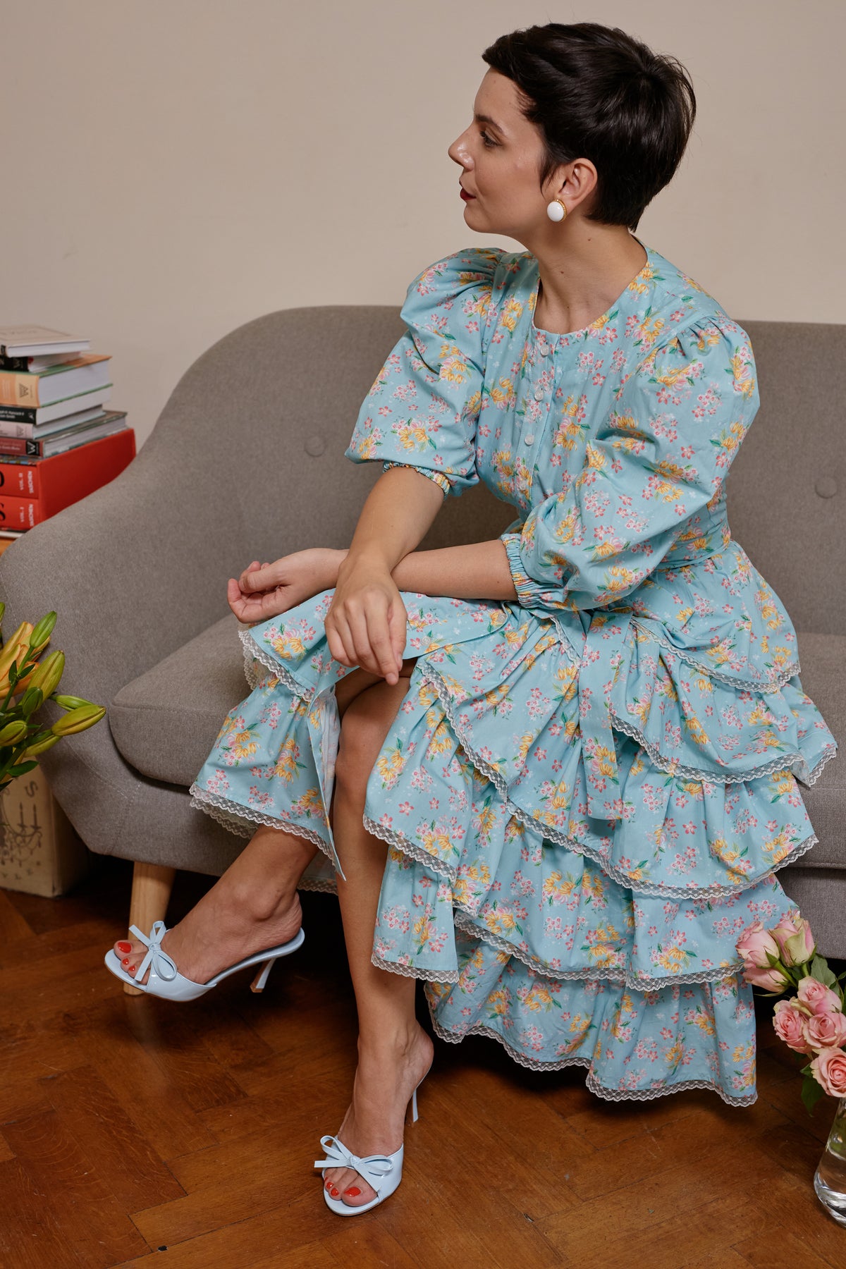 Rochie Midi din Bumbac Aqua cu Volane si Dantela