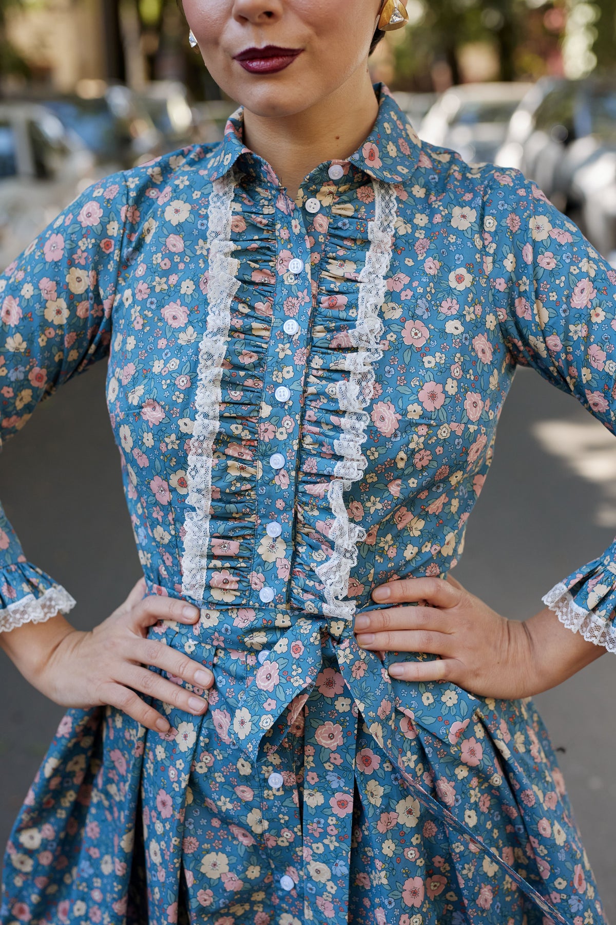 Floral and Striped Midi Shirt Dress, Blue