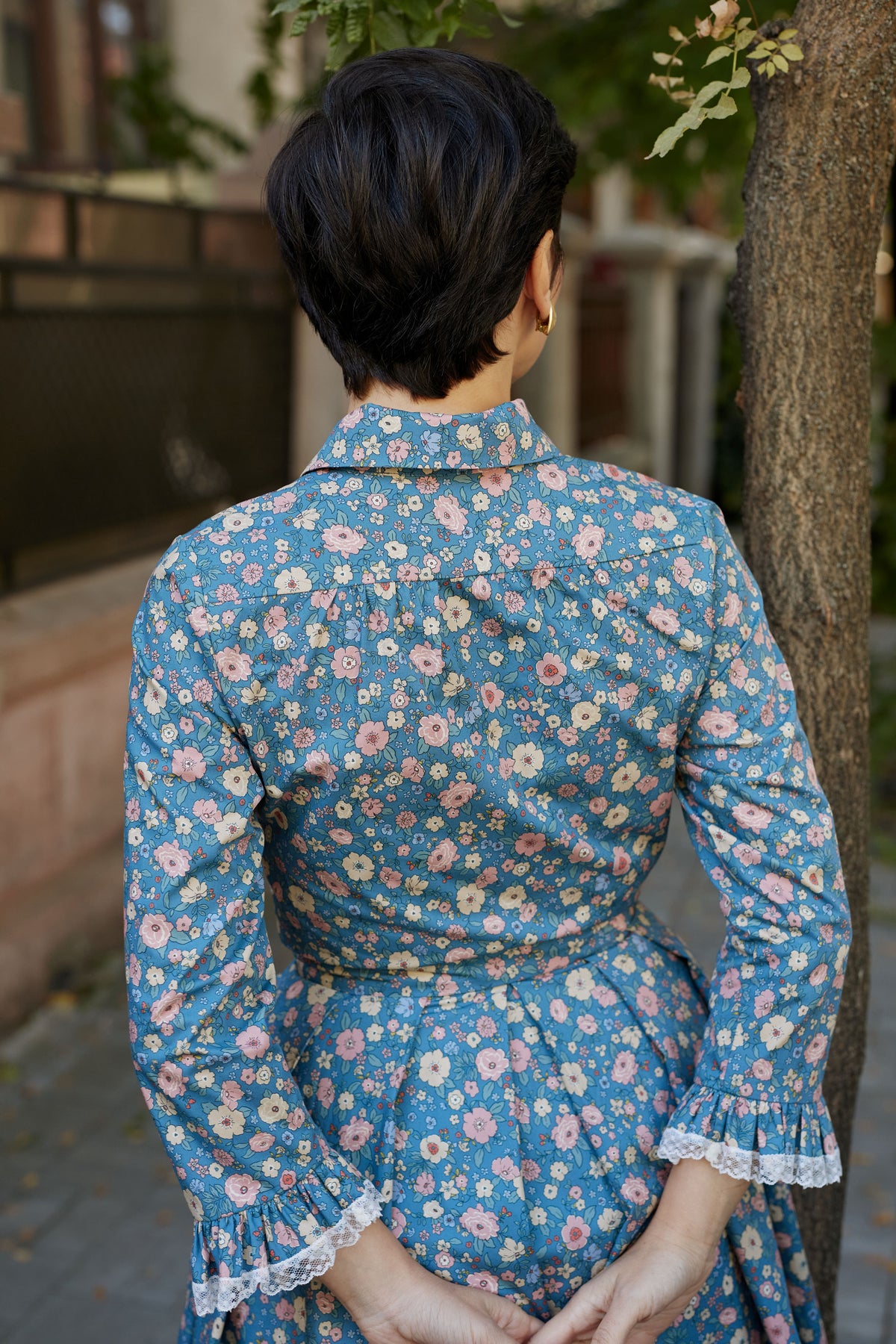 Floral and Striped Midi Shirt Dress, Blue
