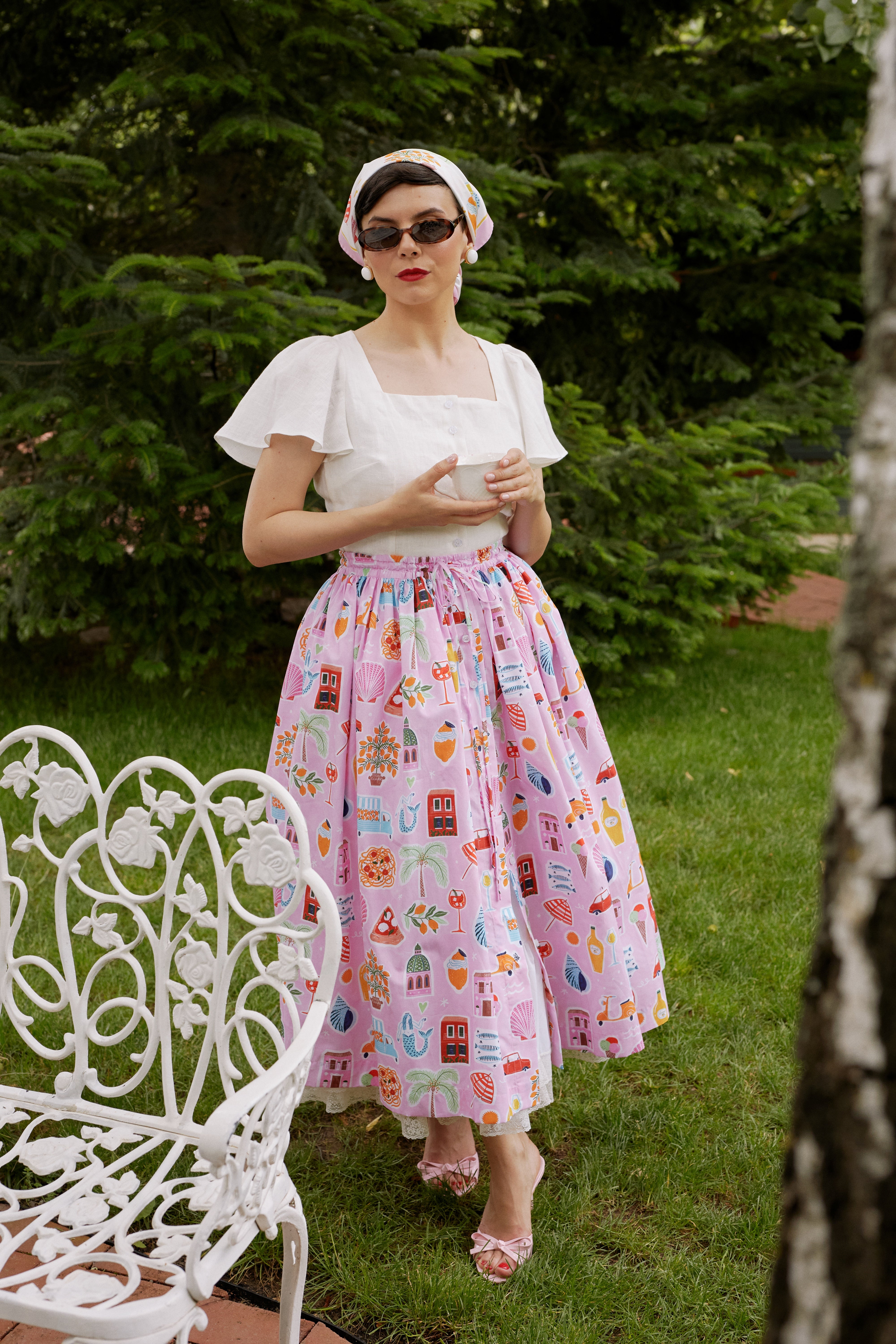 White linen midi skirt with ruffles and crocheted lace