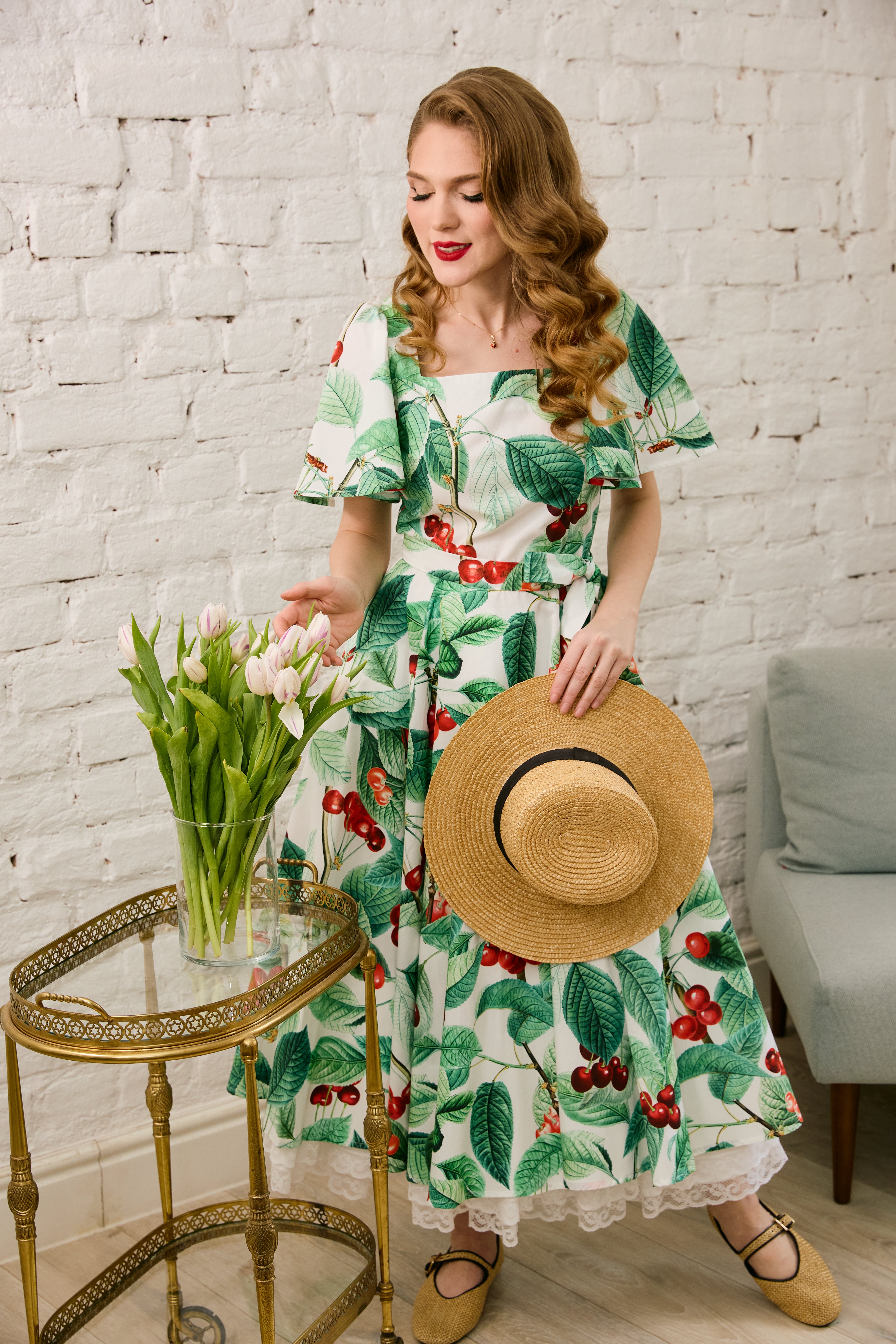 Rochie Midi Clos, cu Decolteu Patrat, din Bumbac cu Cirese