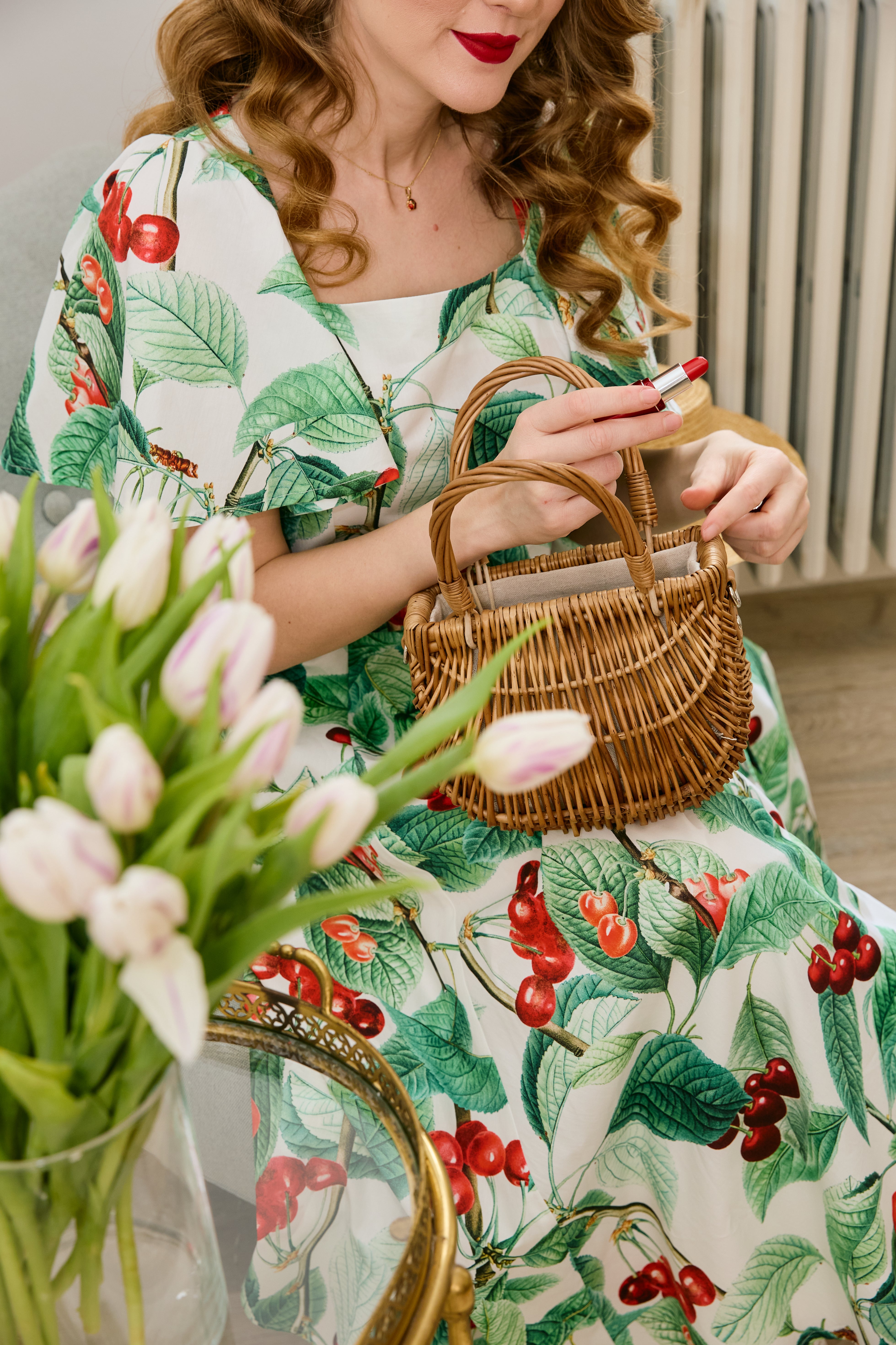 Rochie Midi Clos, cu Decolteu Patrat, din Bumbac cu Cirese