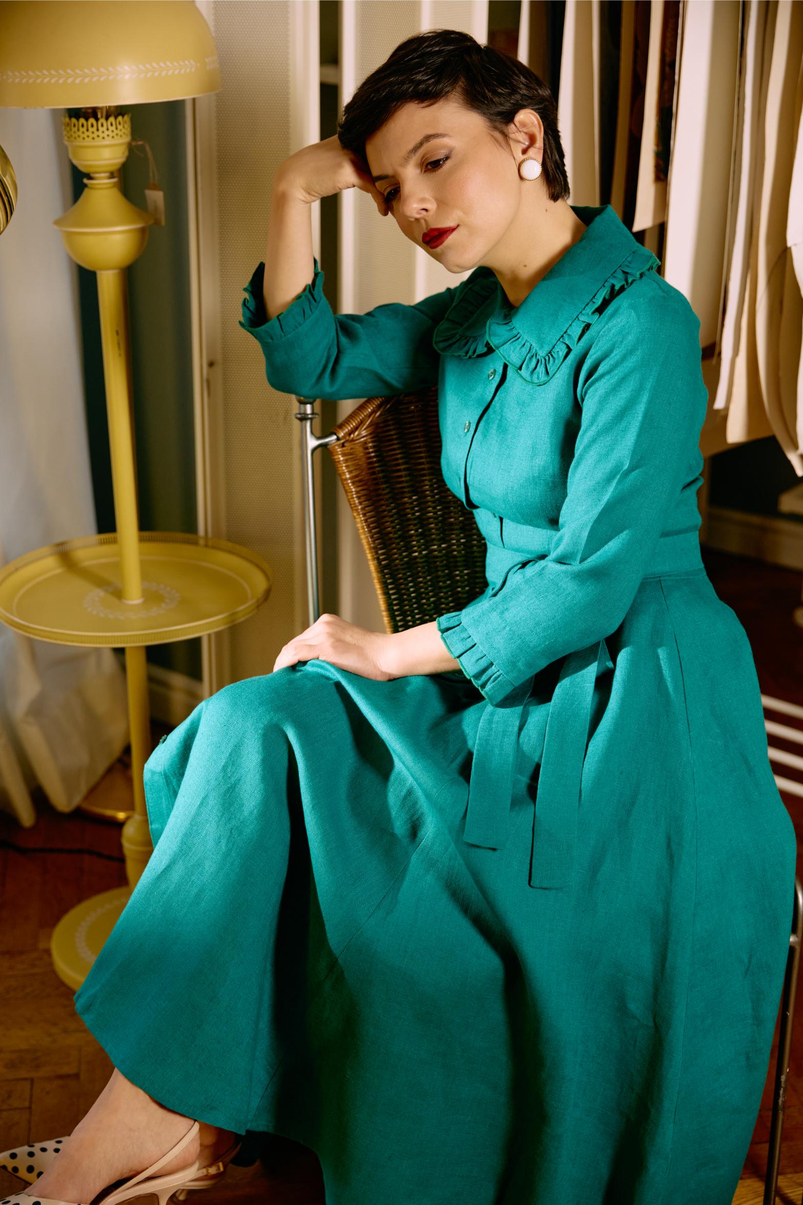 Linen Midi Shirt Dress, Green