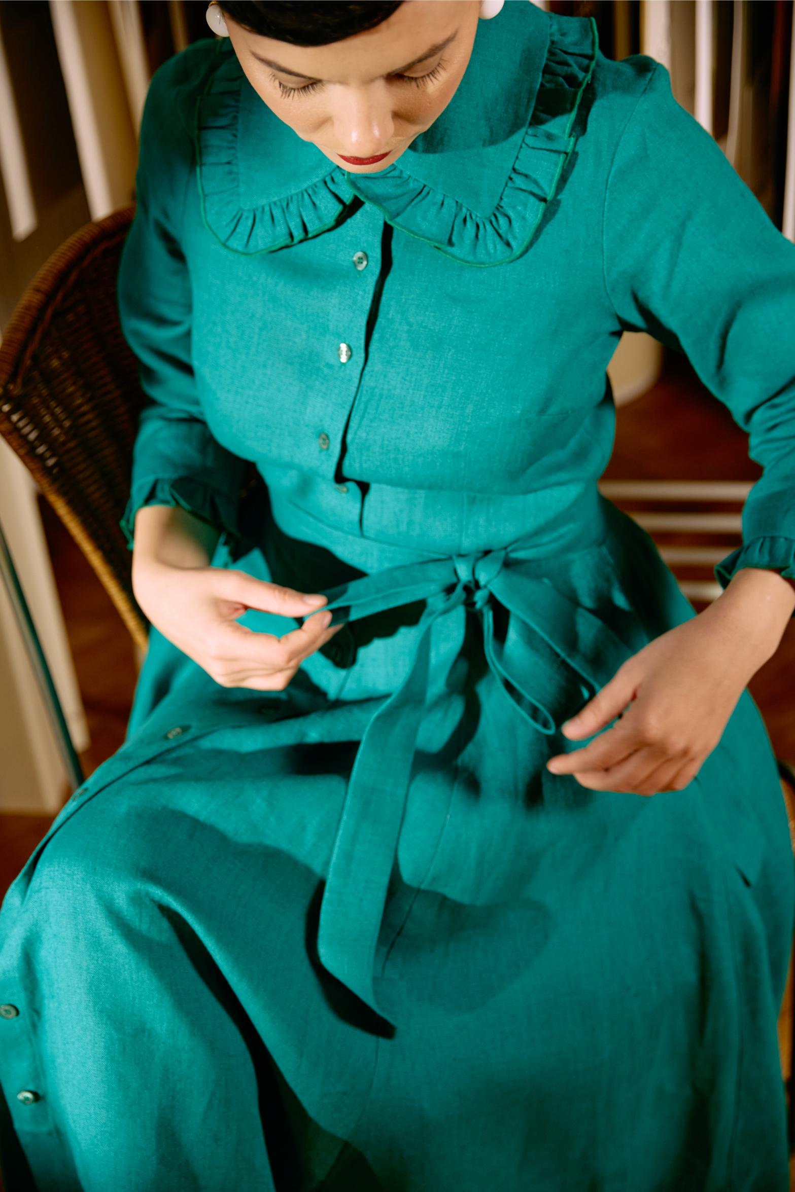 Linen Midi Shirt Dress, Green