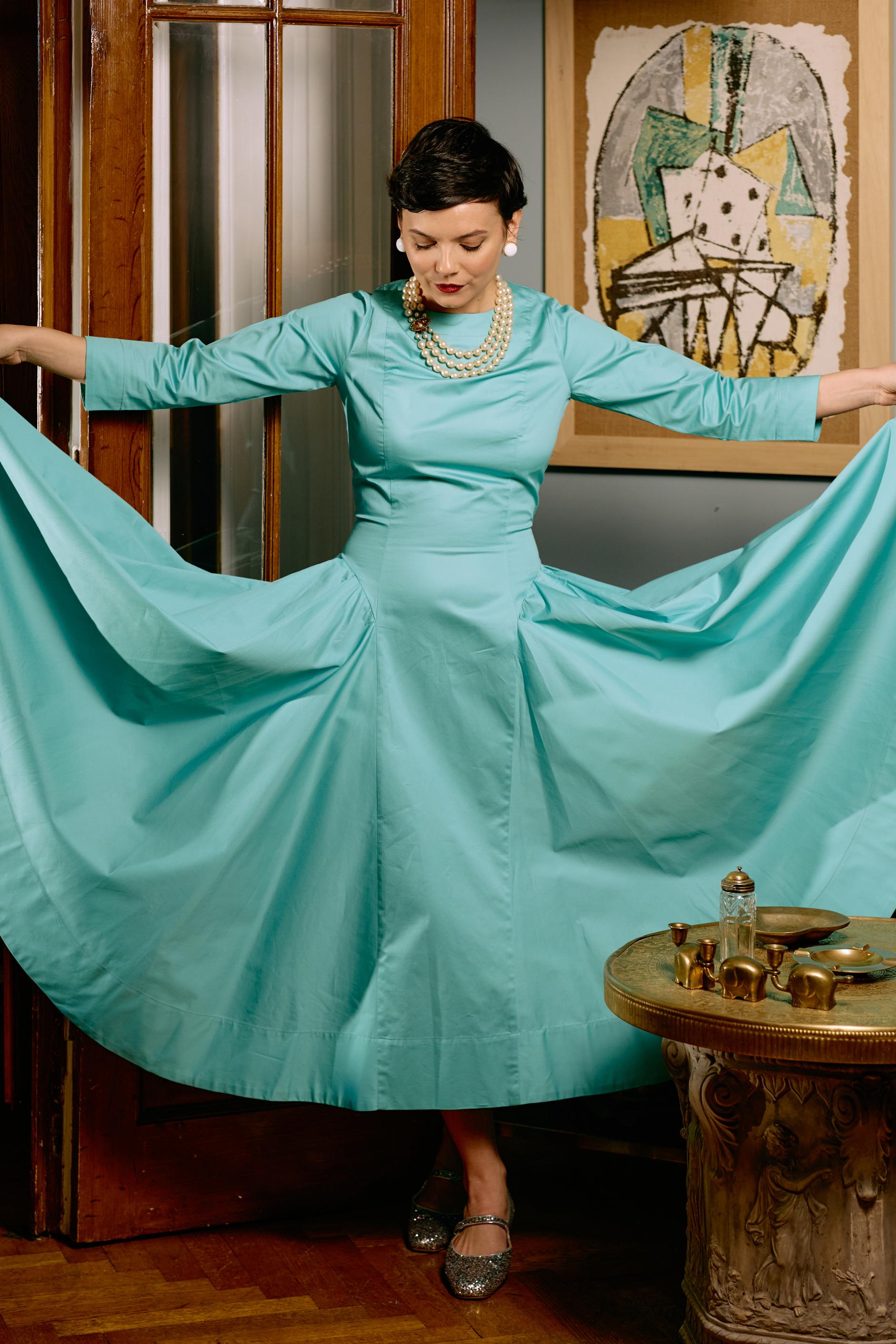 Midi Clos Dress in Poplin, Aqua
