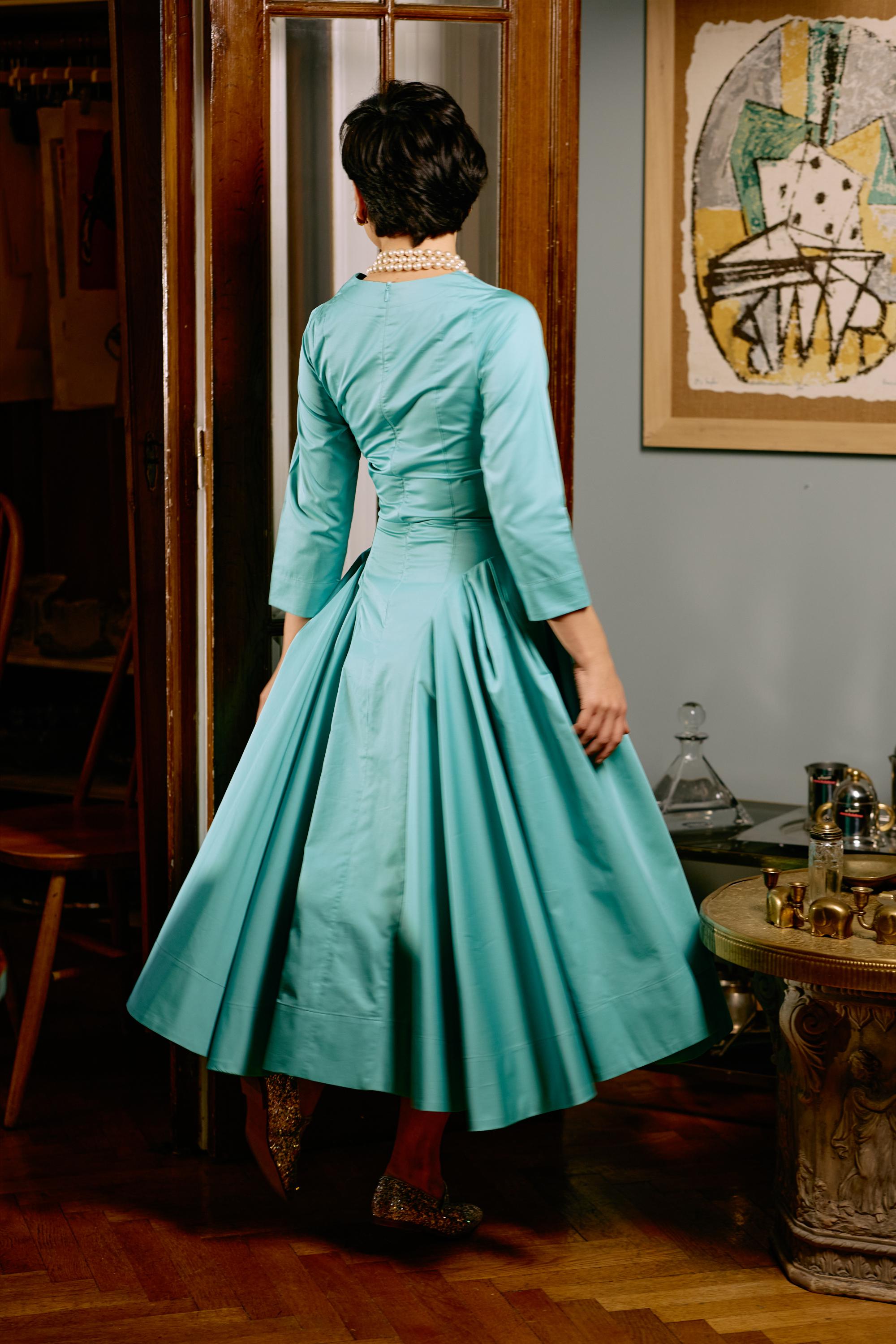 Midi Clos Dress in Poplin, Aqua