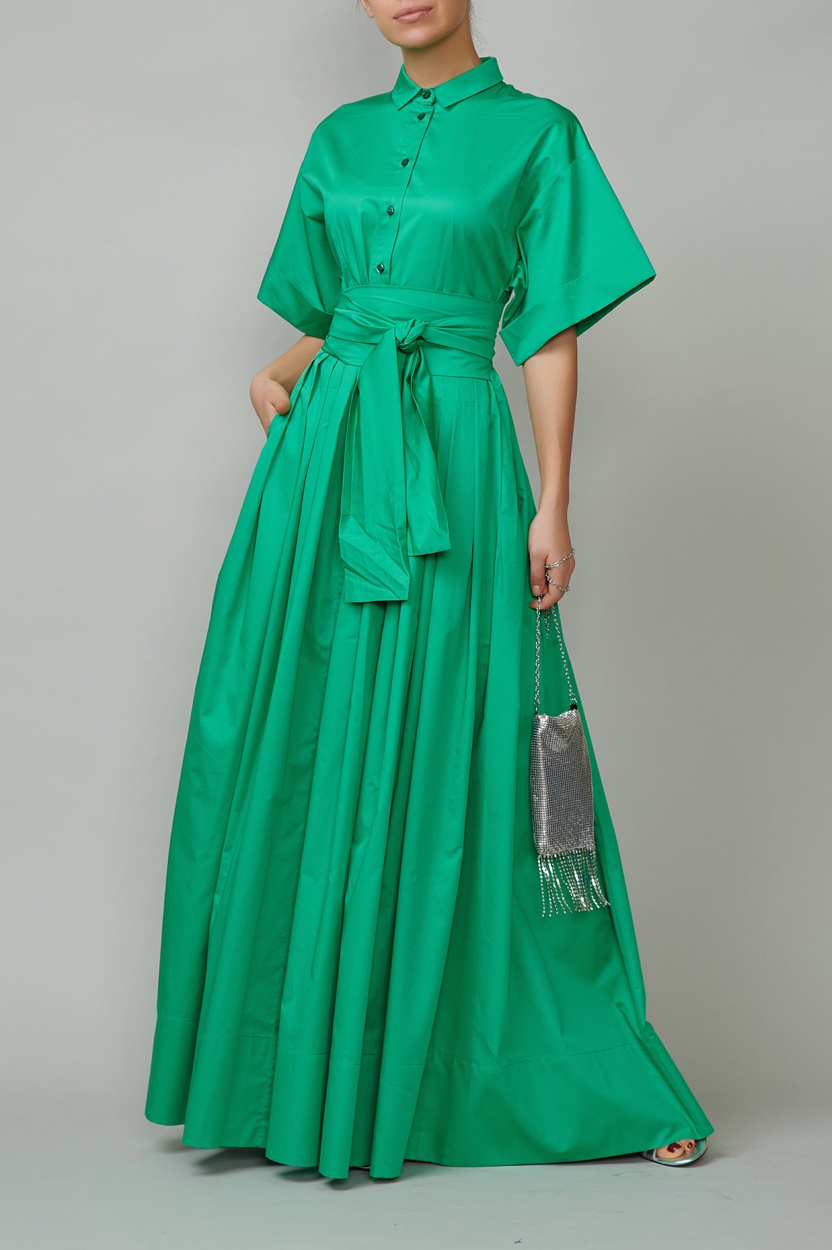 Long Cotton Shirt Dress, Green