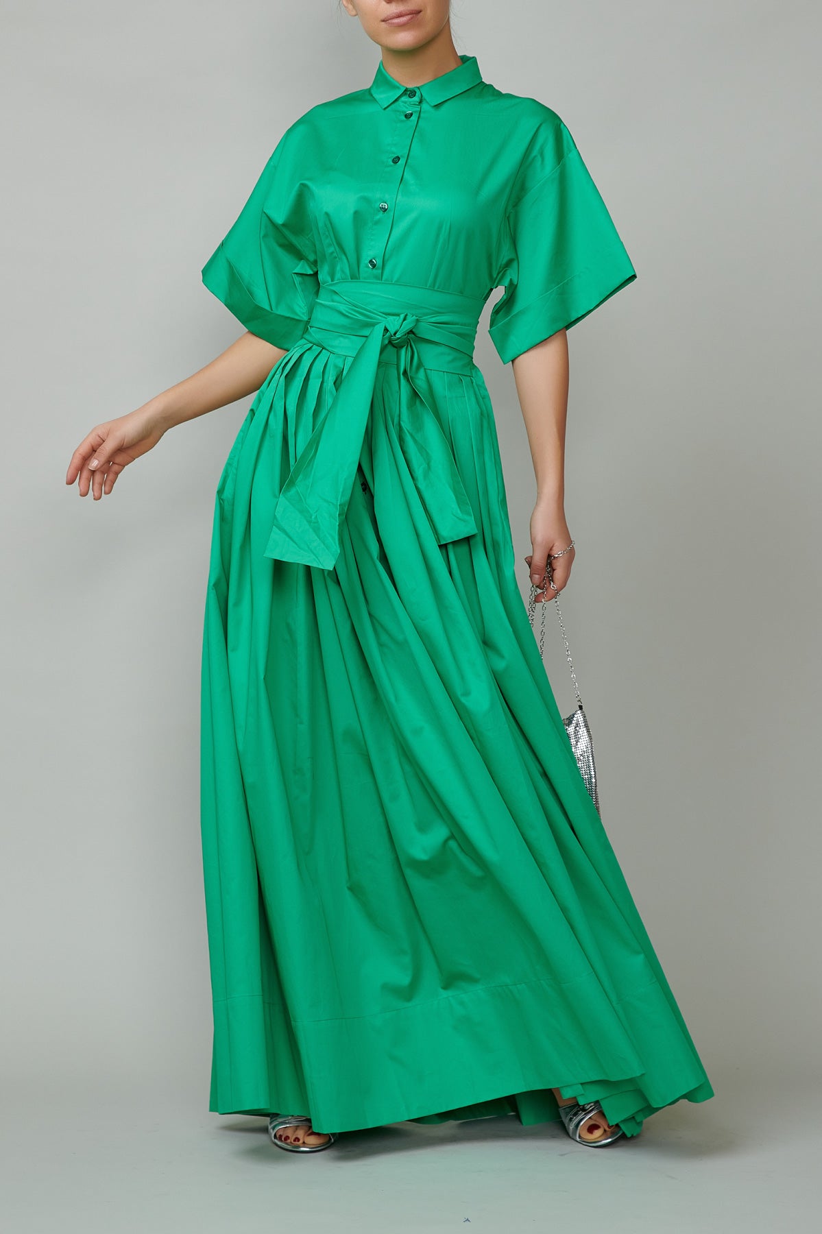 Long Cotton Shirt Dress, Green