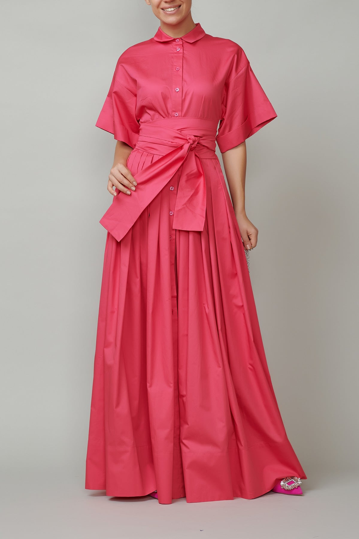 Long Cotton Shirt Dress, Raspberry Pink