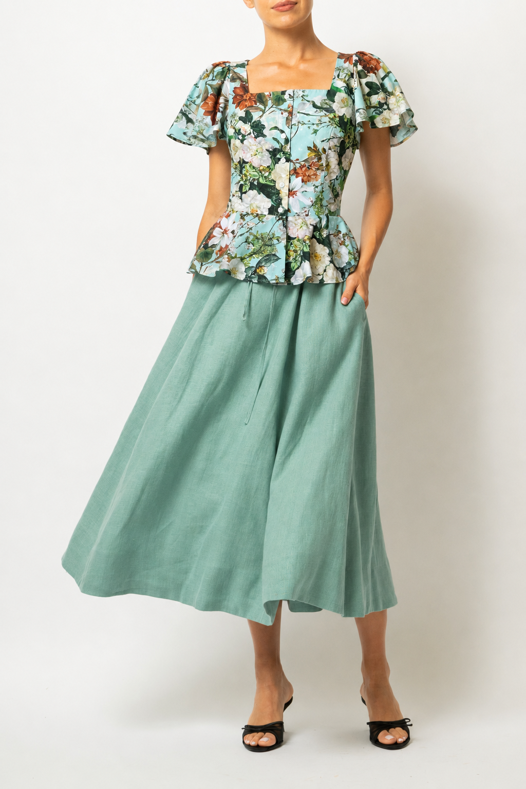 Bluza cu Peplum, din Bumbac cu Flori pe Aqua