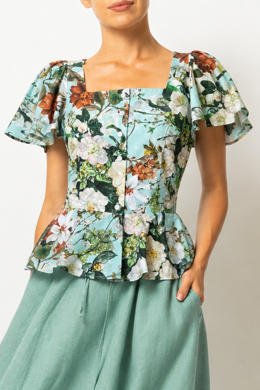 Bluza cu Peplum, din Bumbac cu Flori pe Aqua