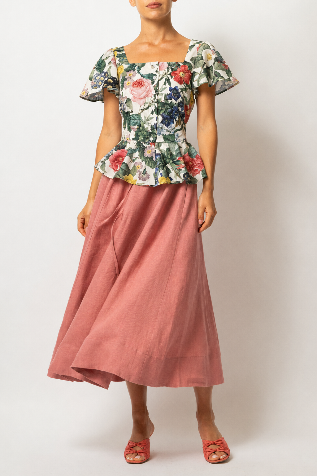 Bluza cu Peplum, din Bumbac cu Flori pe Bej