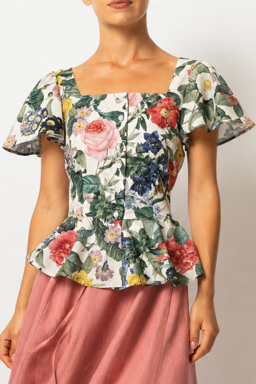Bluza cu Peplum, din Bumbac cu Flori pe Bej