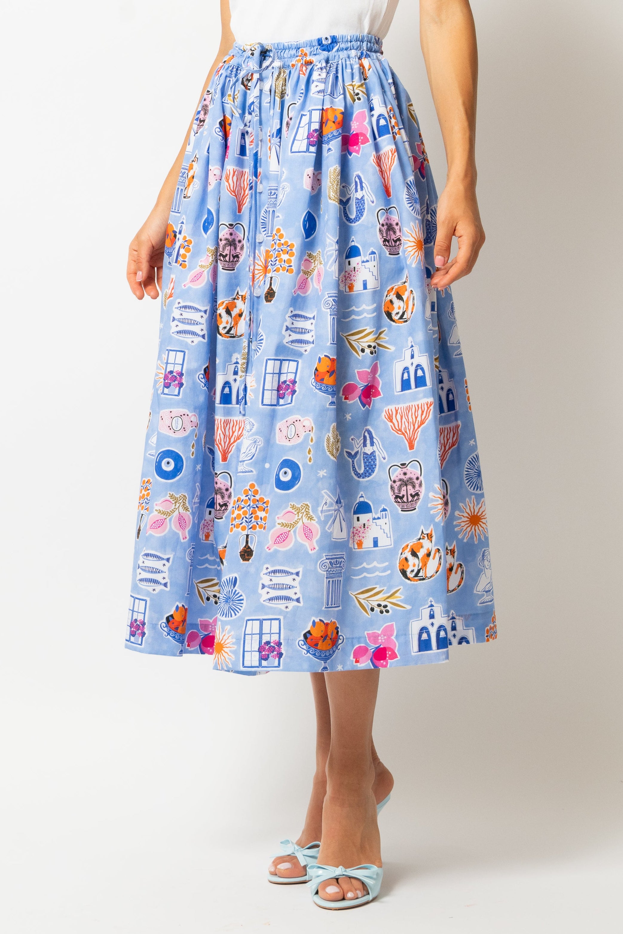Fusta Midi cu Imprimeu Santorini, by Madalina Andronic