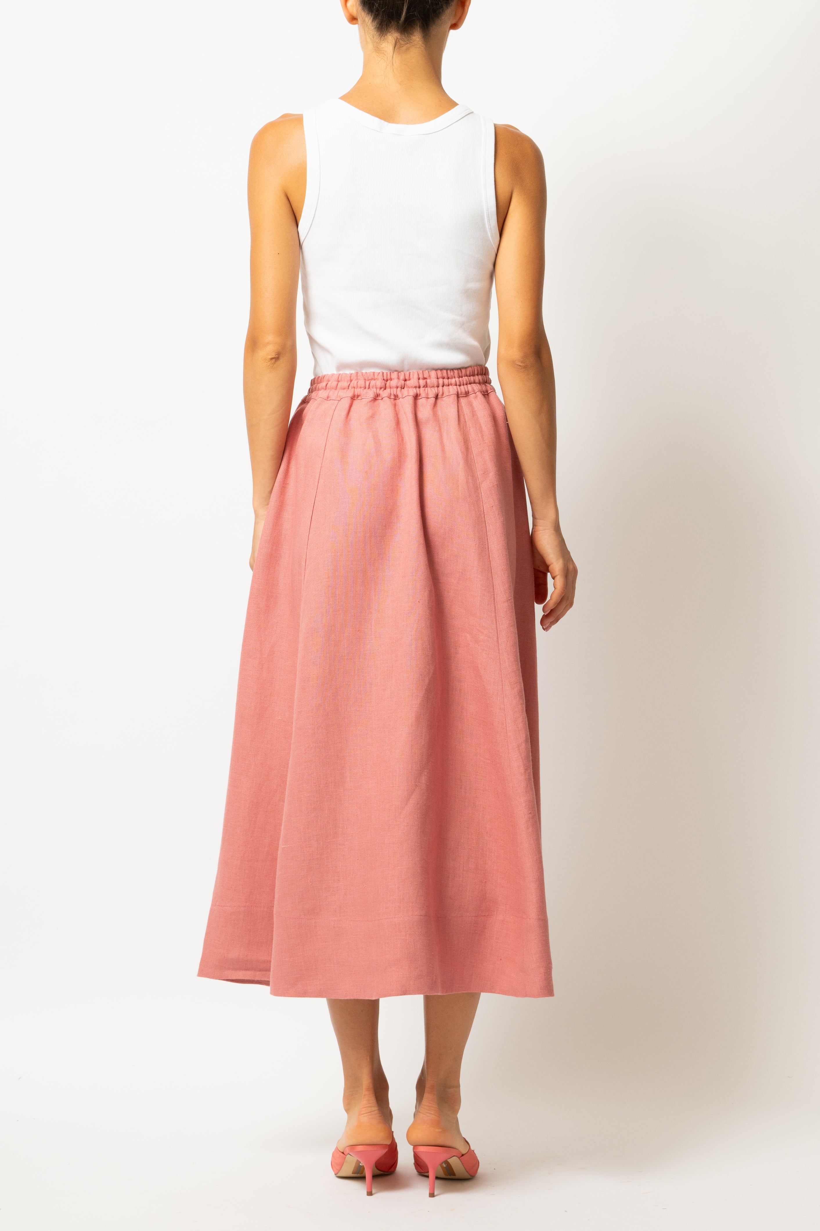 White linen midi skirt with ruffles and crocheted lace