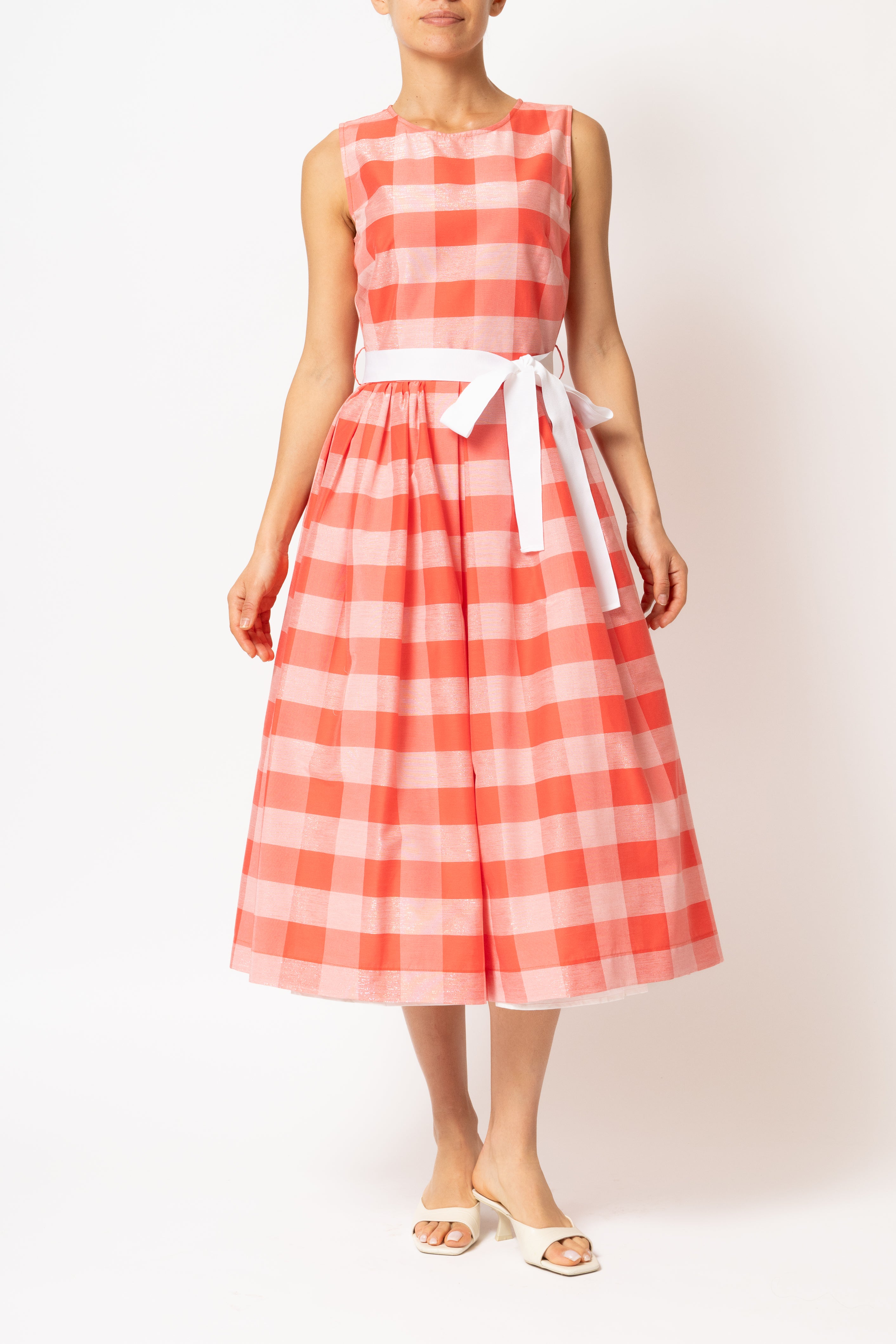 Light blue checked cotton midi dress with white cuffs and collar