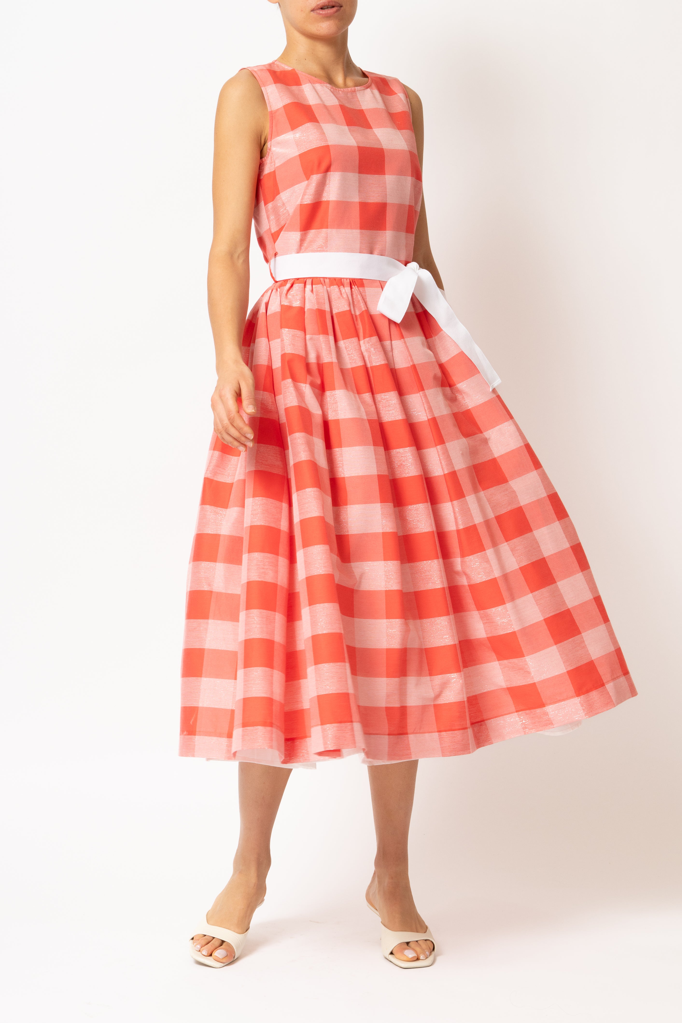 Light blue checked cotton midi dress with white cuffs and collar