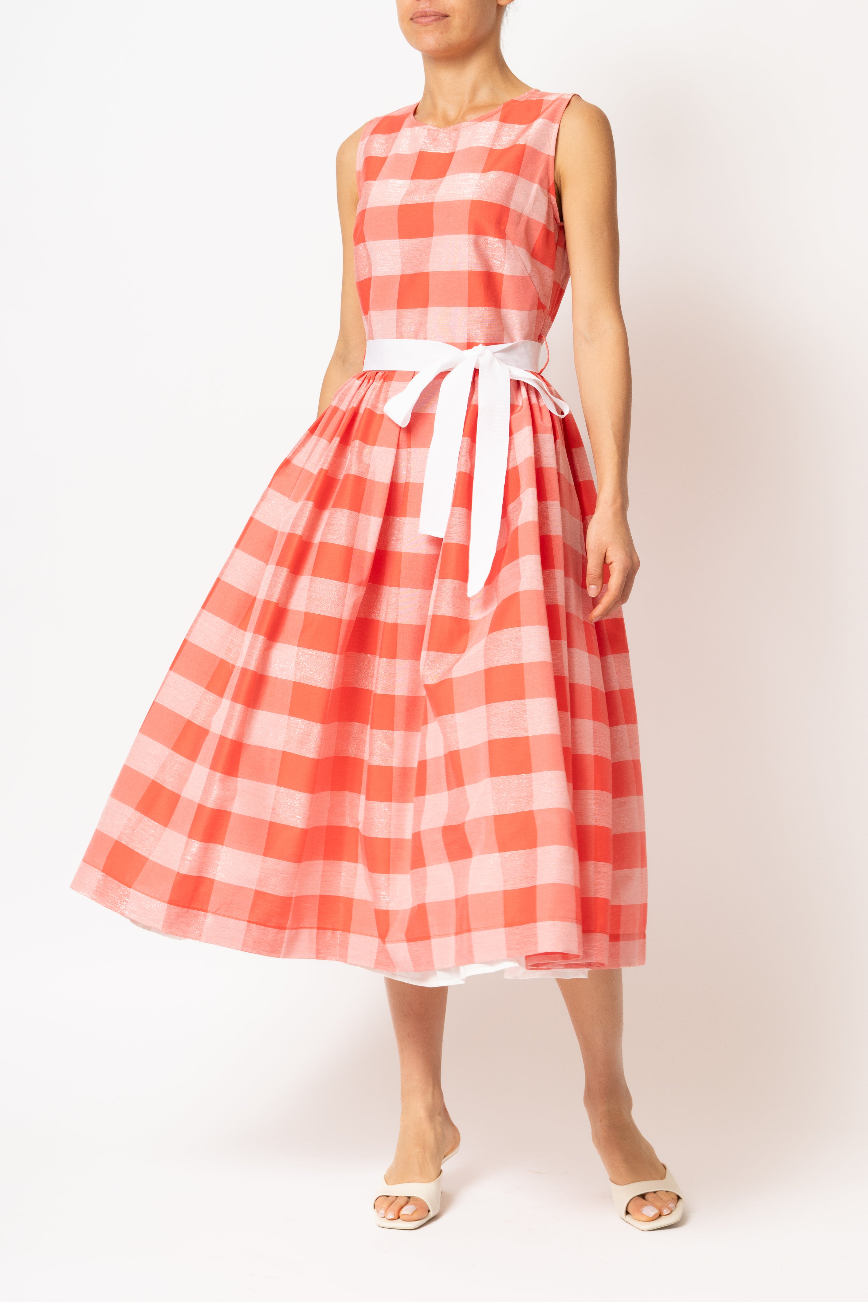 Light blue checked cotton midi dress with white cuffs and collar