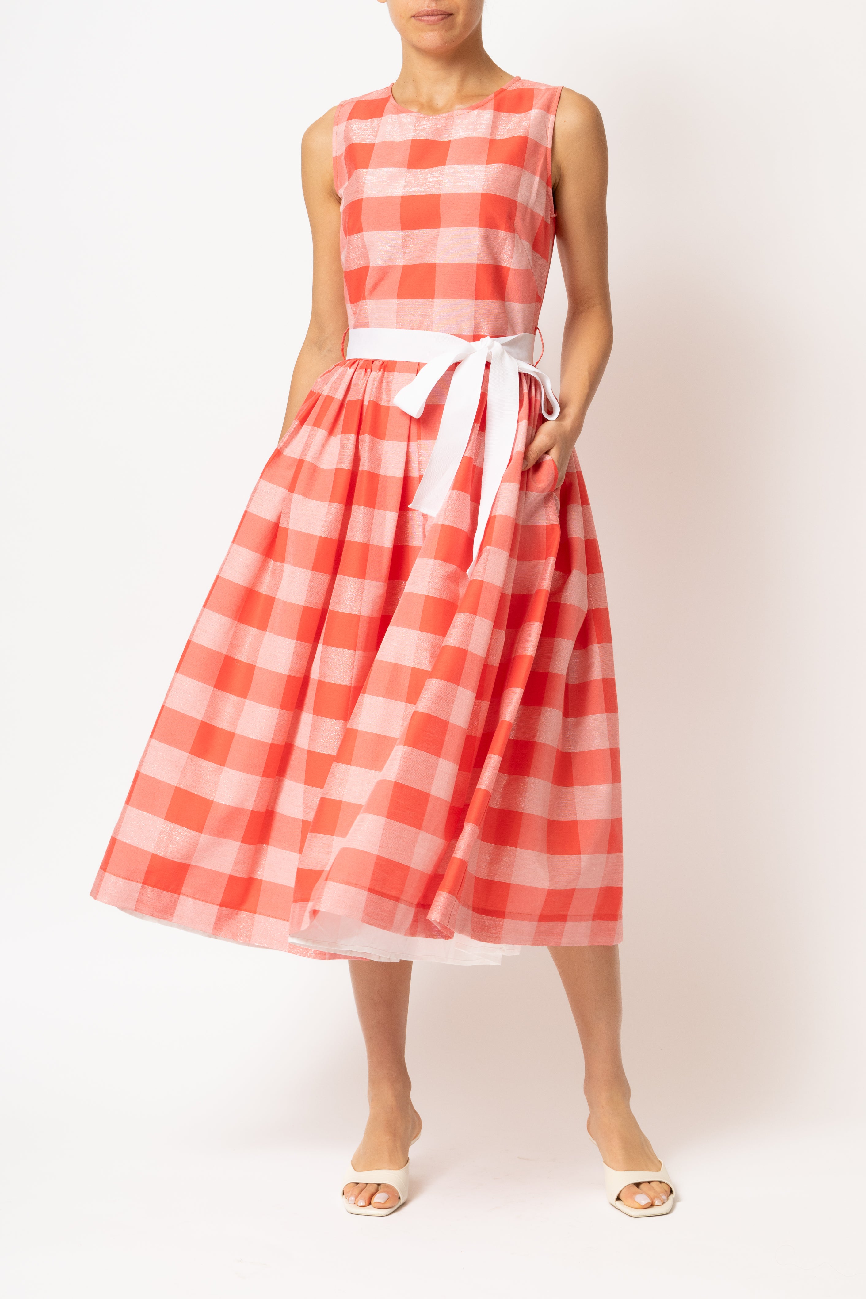 Light blue checked cotton midi dress with white cuffs and collar
