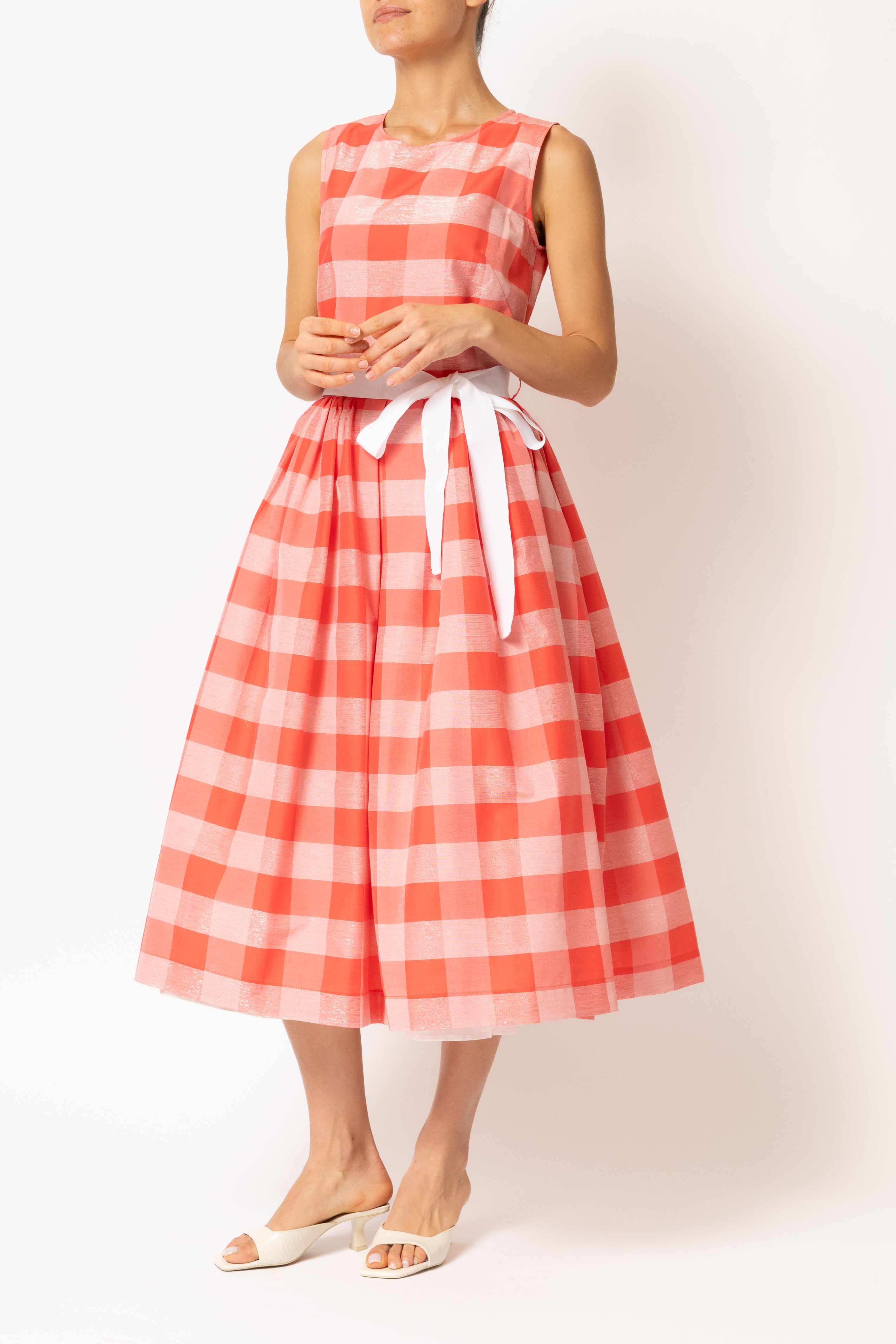 Light blue checked cotton midi dress with white cuffs and collar