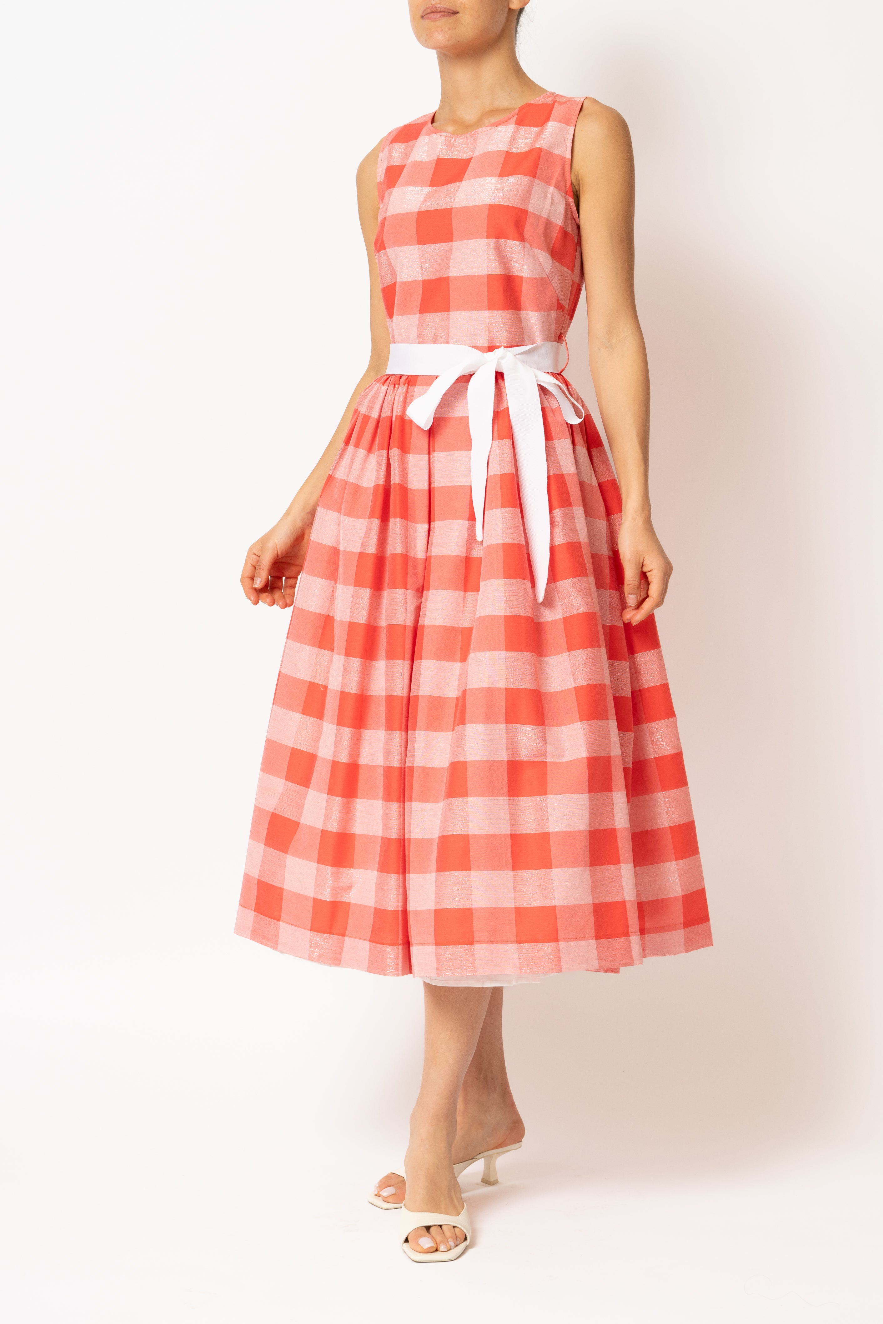 Light blue checked cotton midi dress with white cuffs and collar