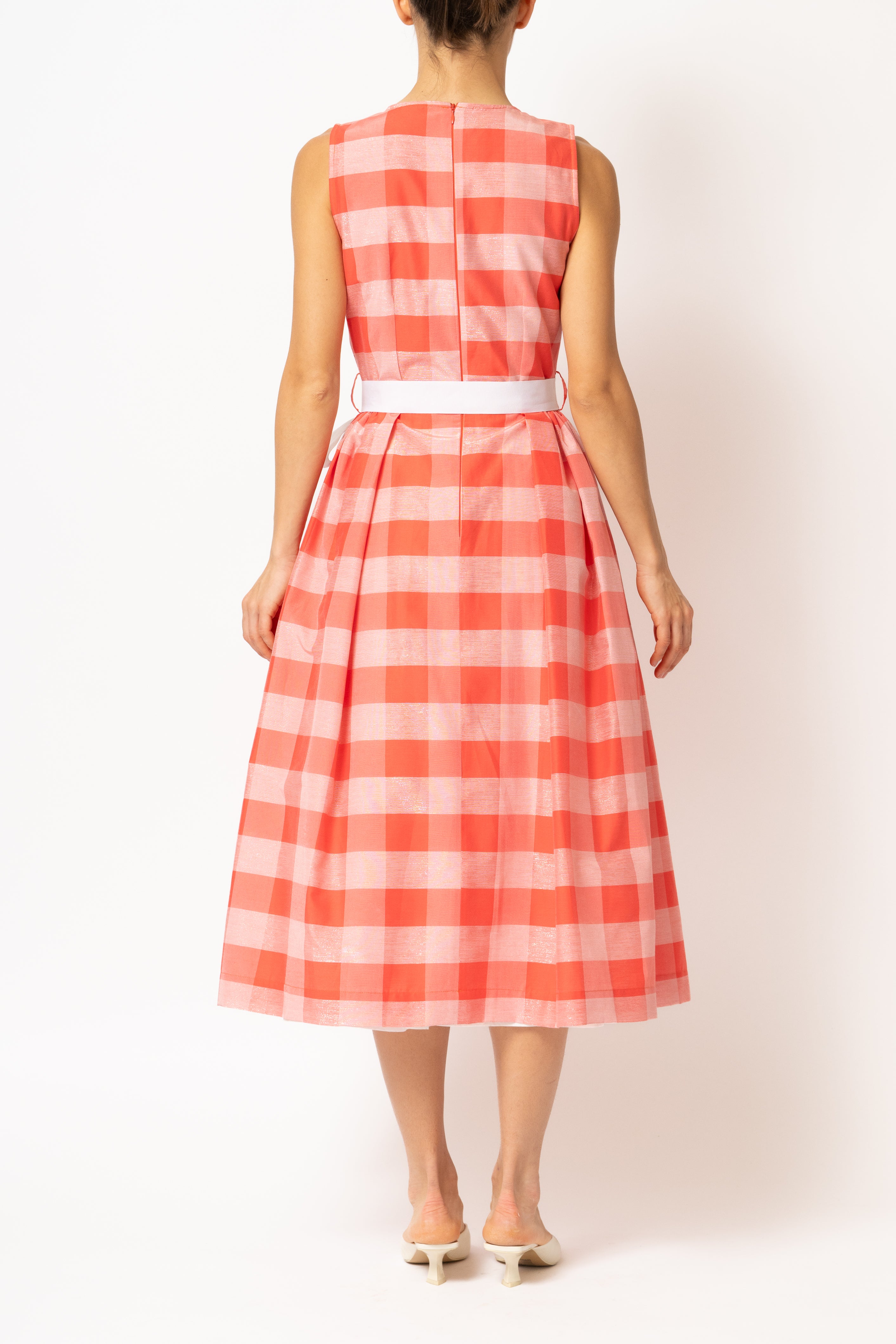 Light blue checked cotton midi dress with white cuffs and collar