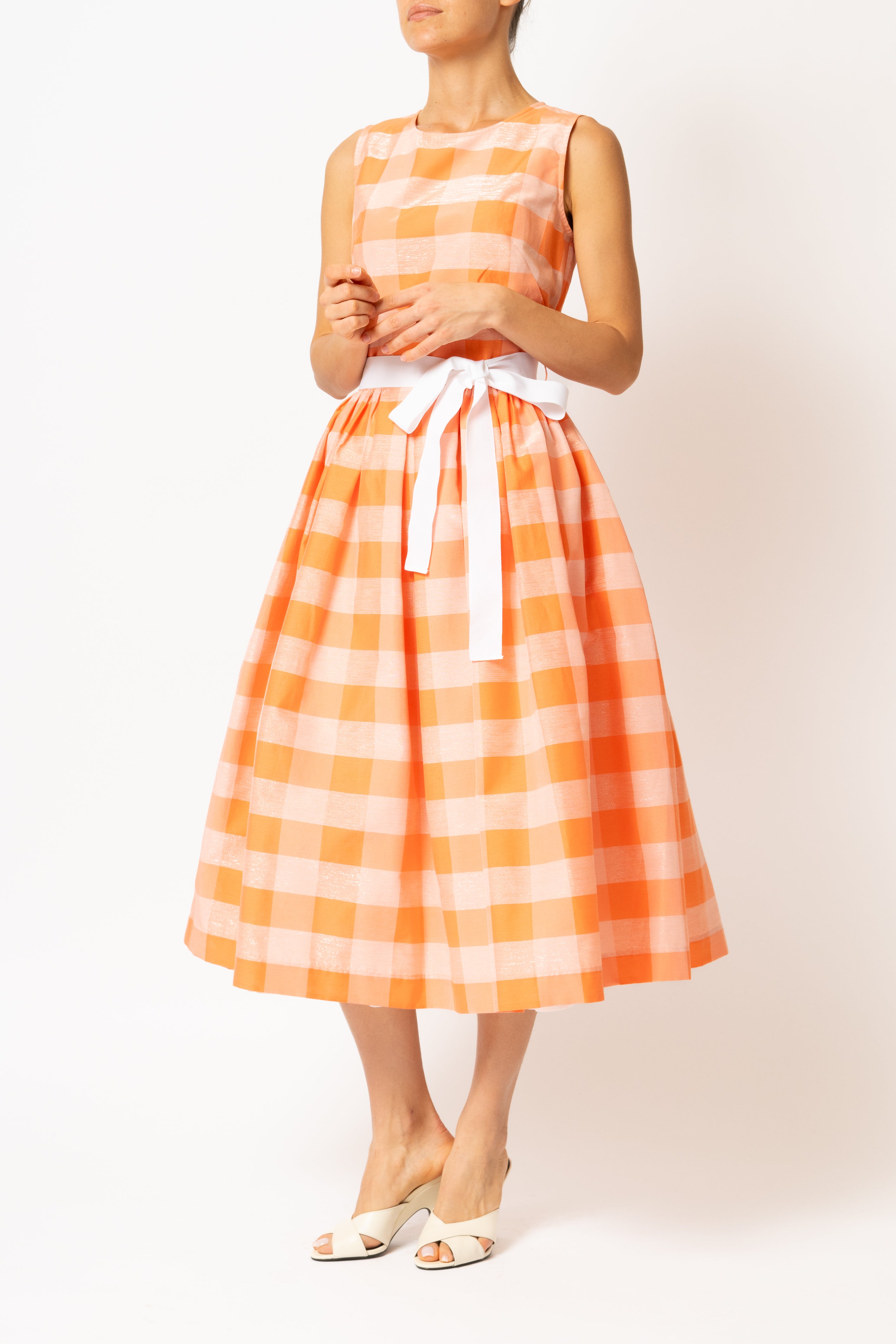 Light blue checked cotton midi dress with white cuffs and collar