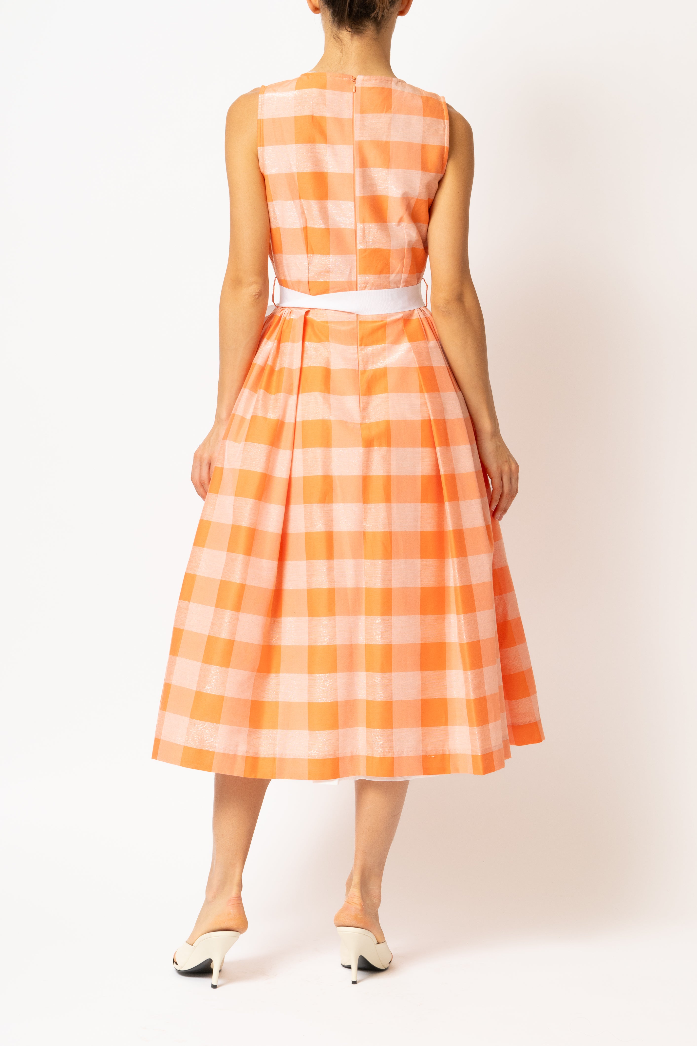 Light blue checked cotton midi dress with white cuffs and collar