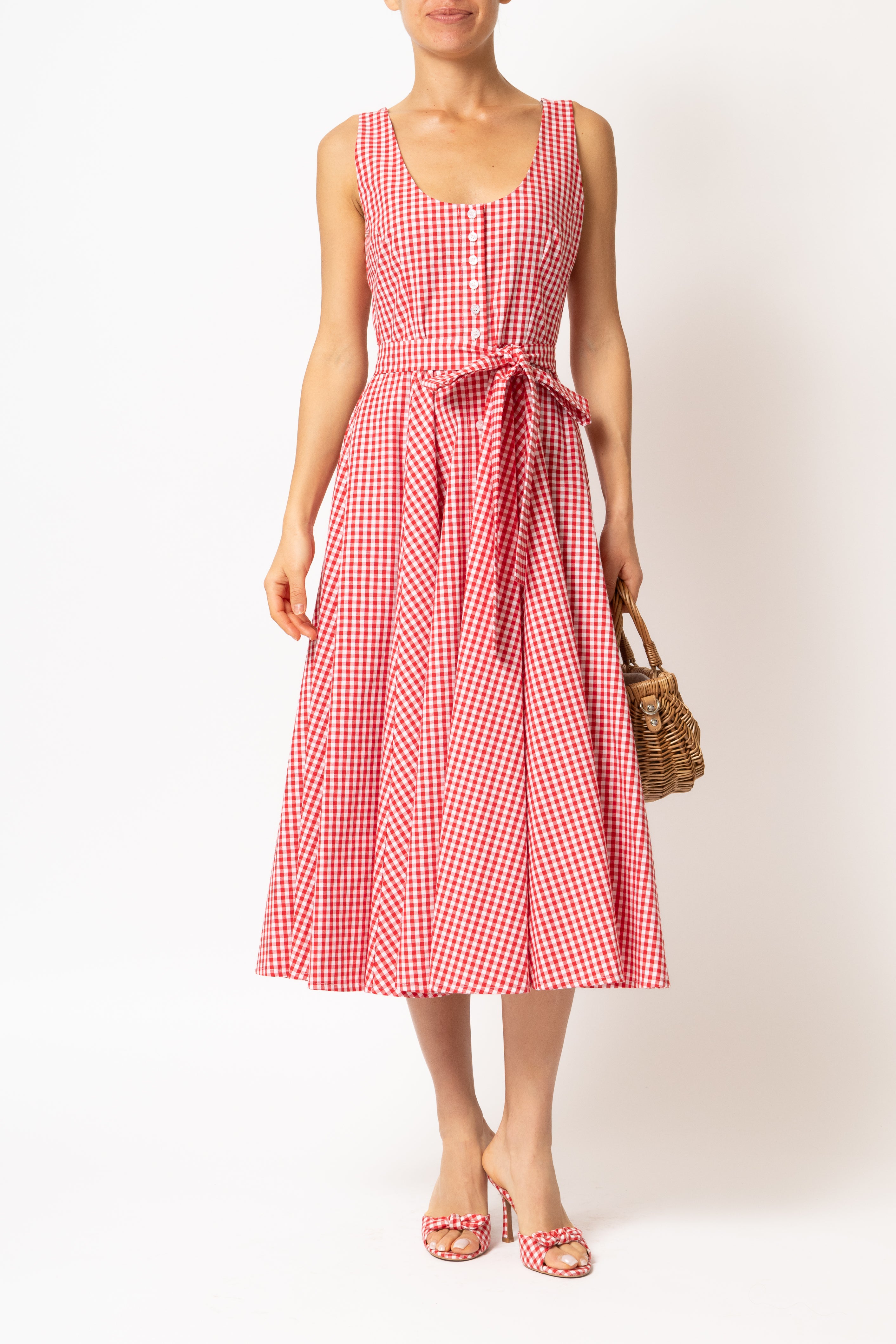 Rochie Midi cu Decolteu Rotund, din Bumbac in Carouri Rosii