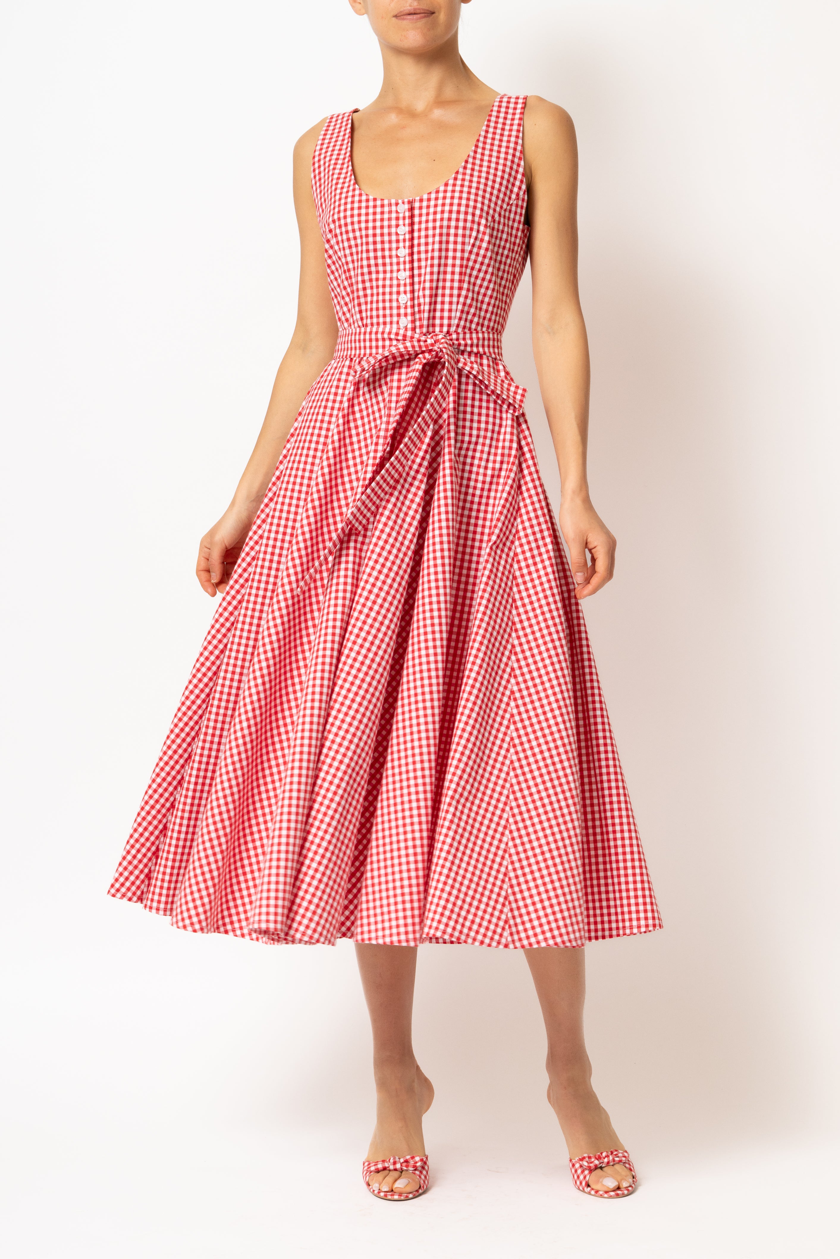 Rochie Midi cu Decolteu Rotund, din Bumbac in Carouri Rosii