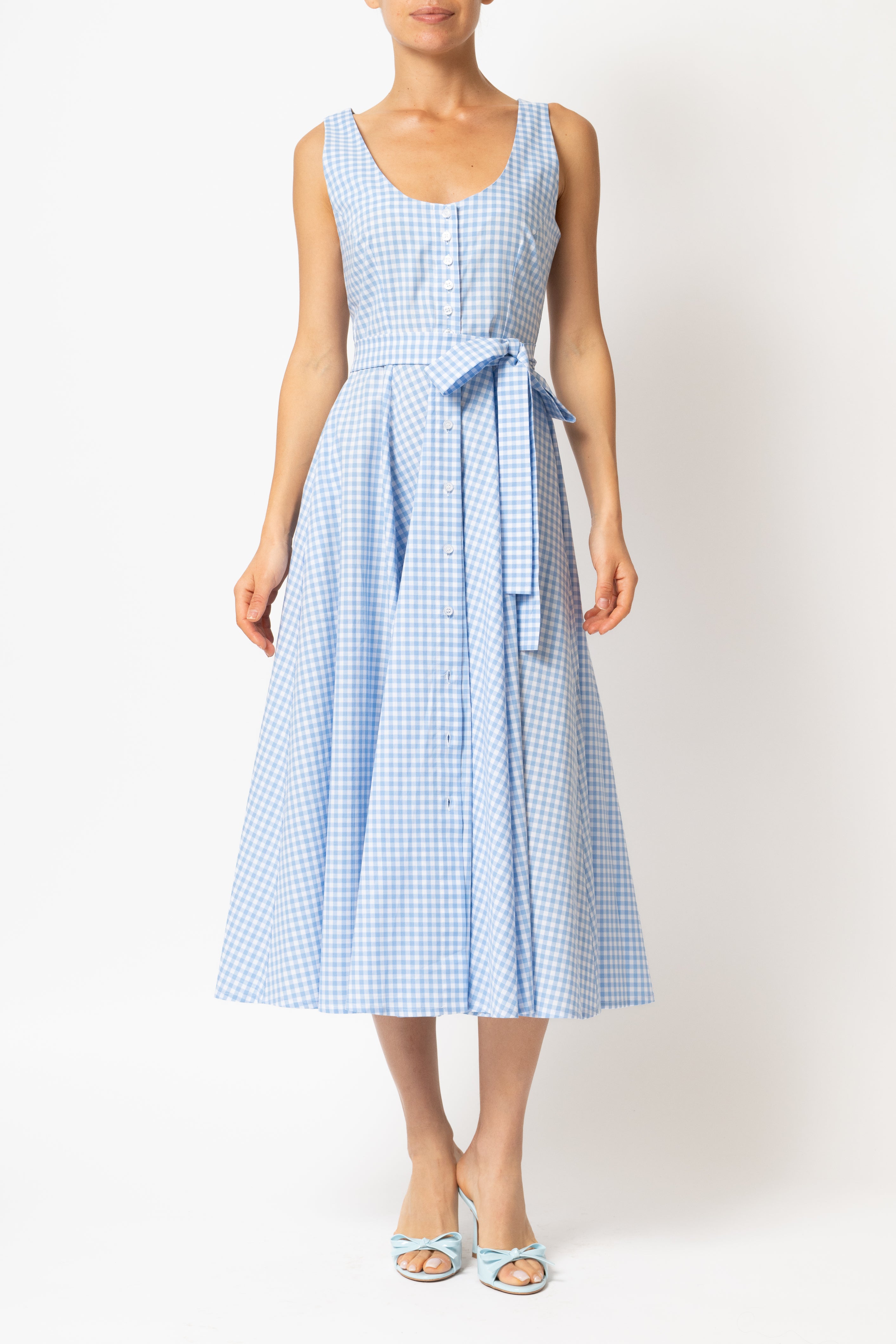 Rochie Midi cu Decolteu Rotund, din Bumbac in Carouri Bleu
