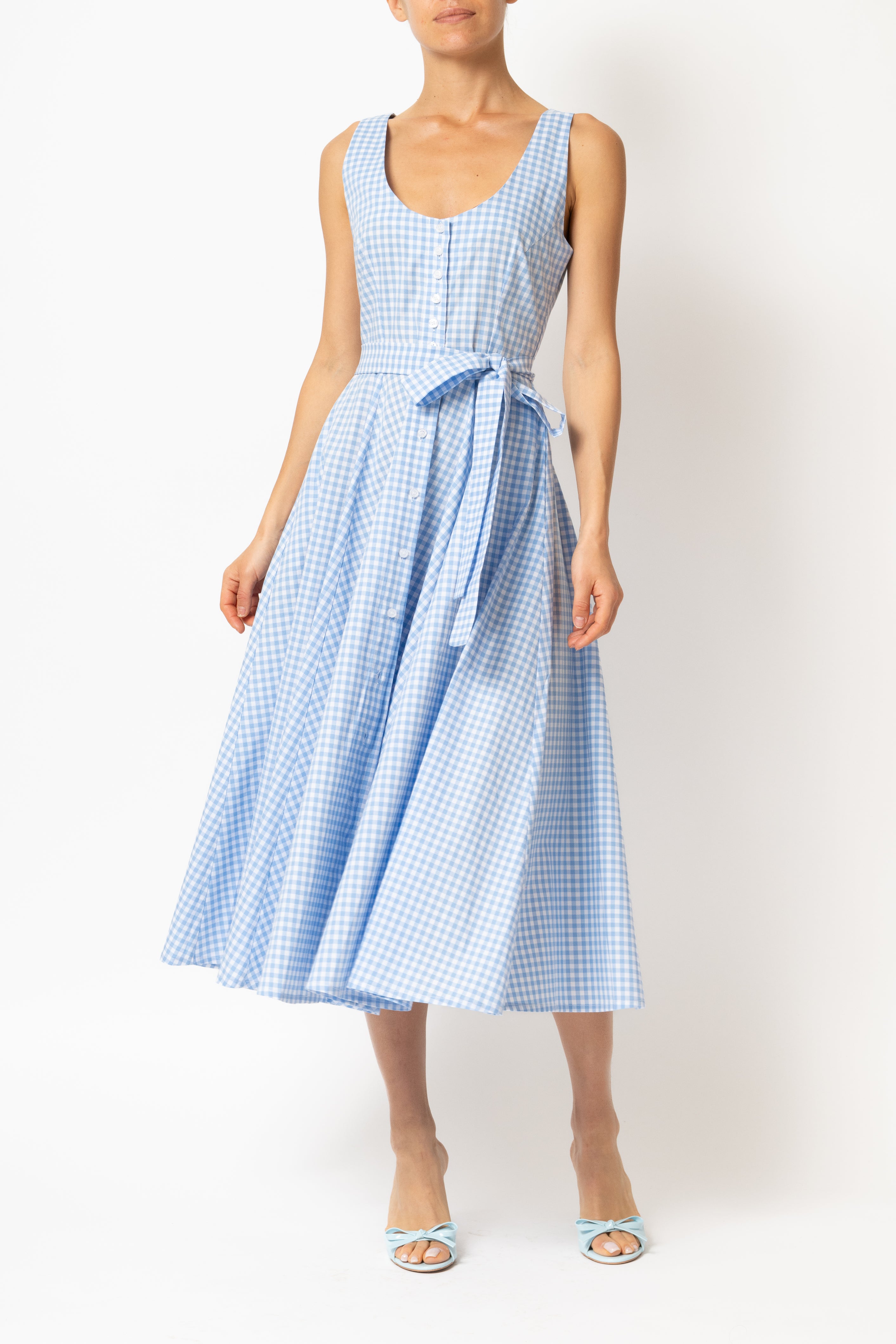 Rochie Midi cu Decolteu Rotund, din Bumbac in Carouri Bleu