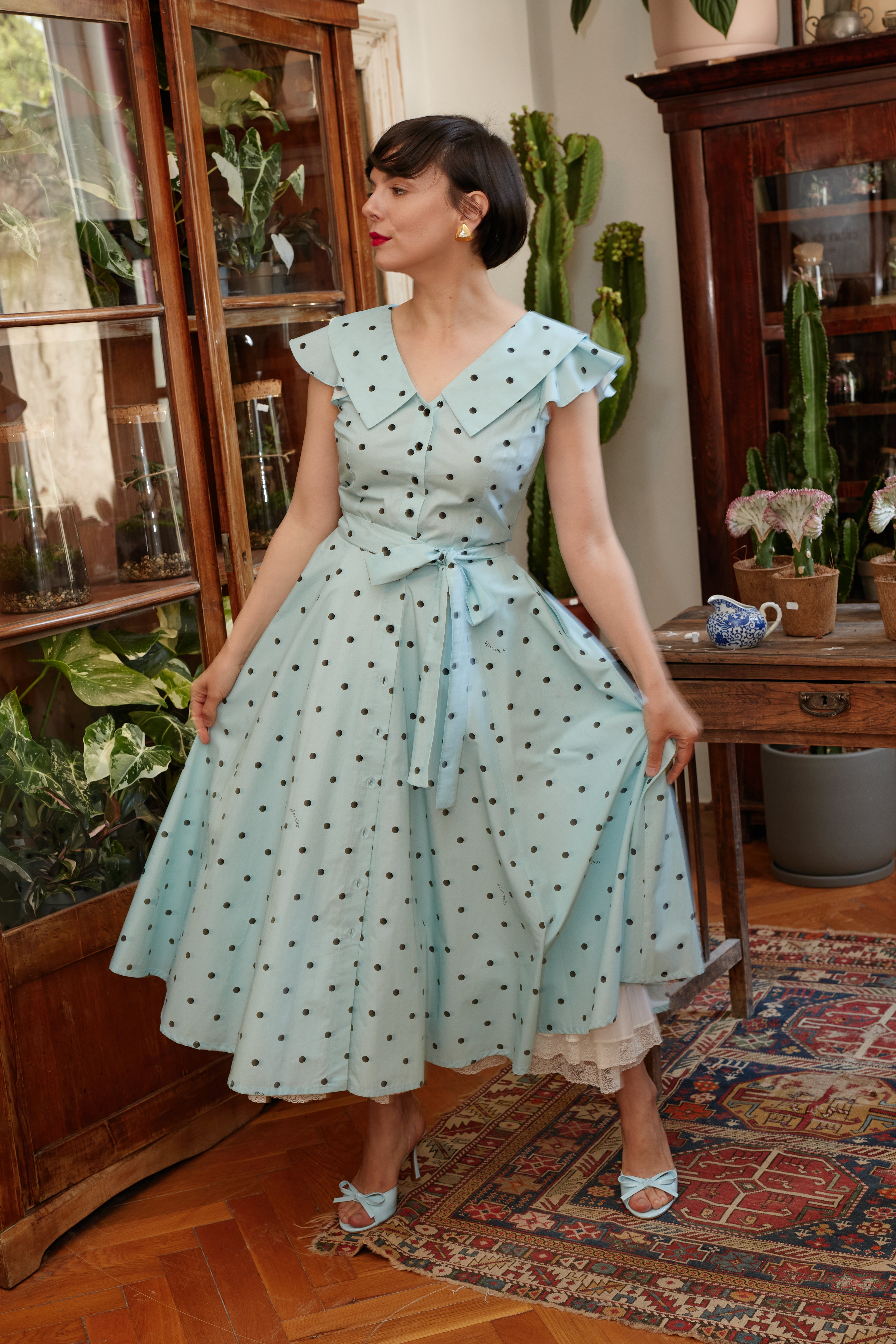 Rochie Camasa Midi cu Guler in V, din Bumbac Bleu cu Buline