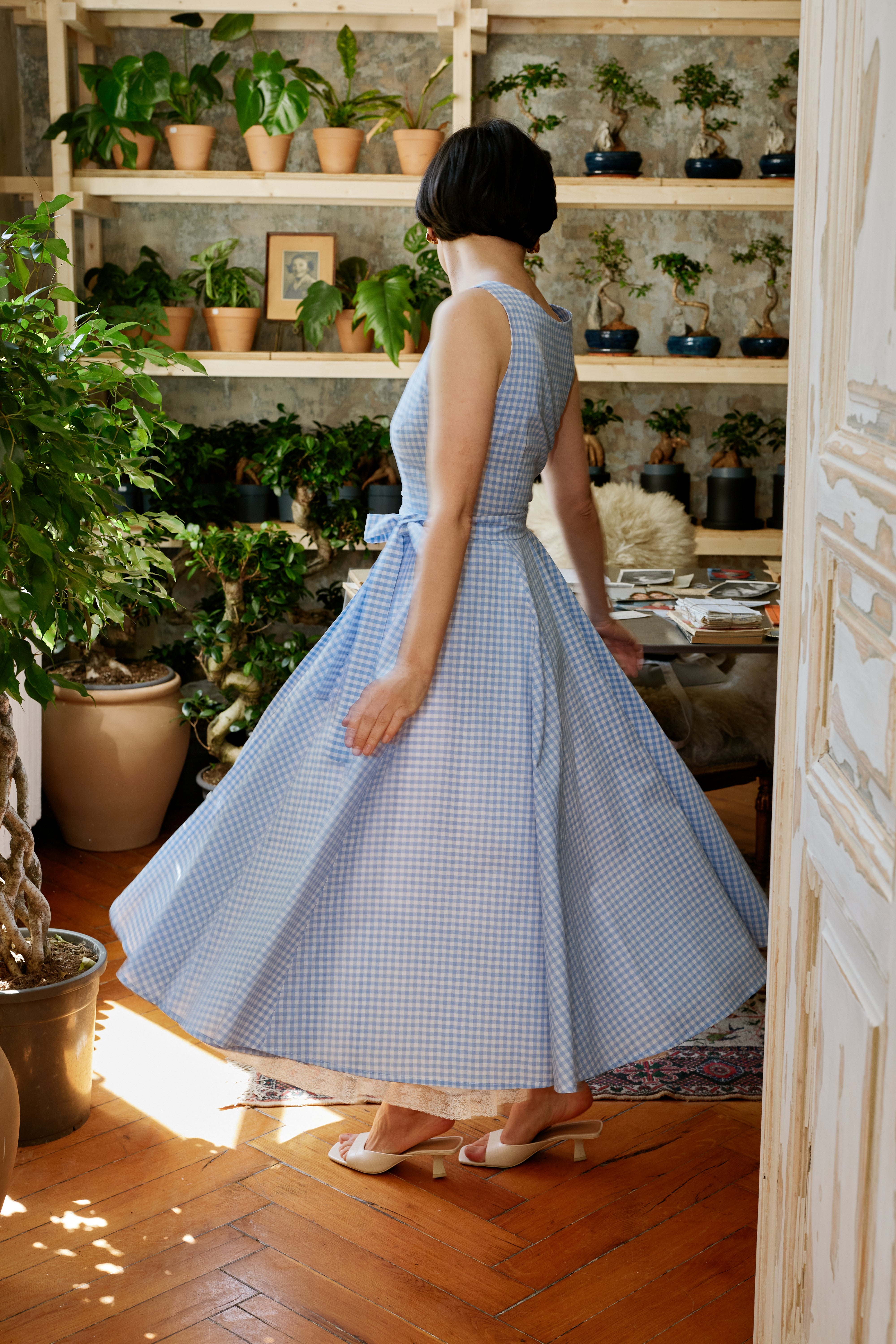 Rochie Midi cu Decolteu Rotund, din Bumbac in Carouri Bleu