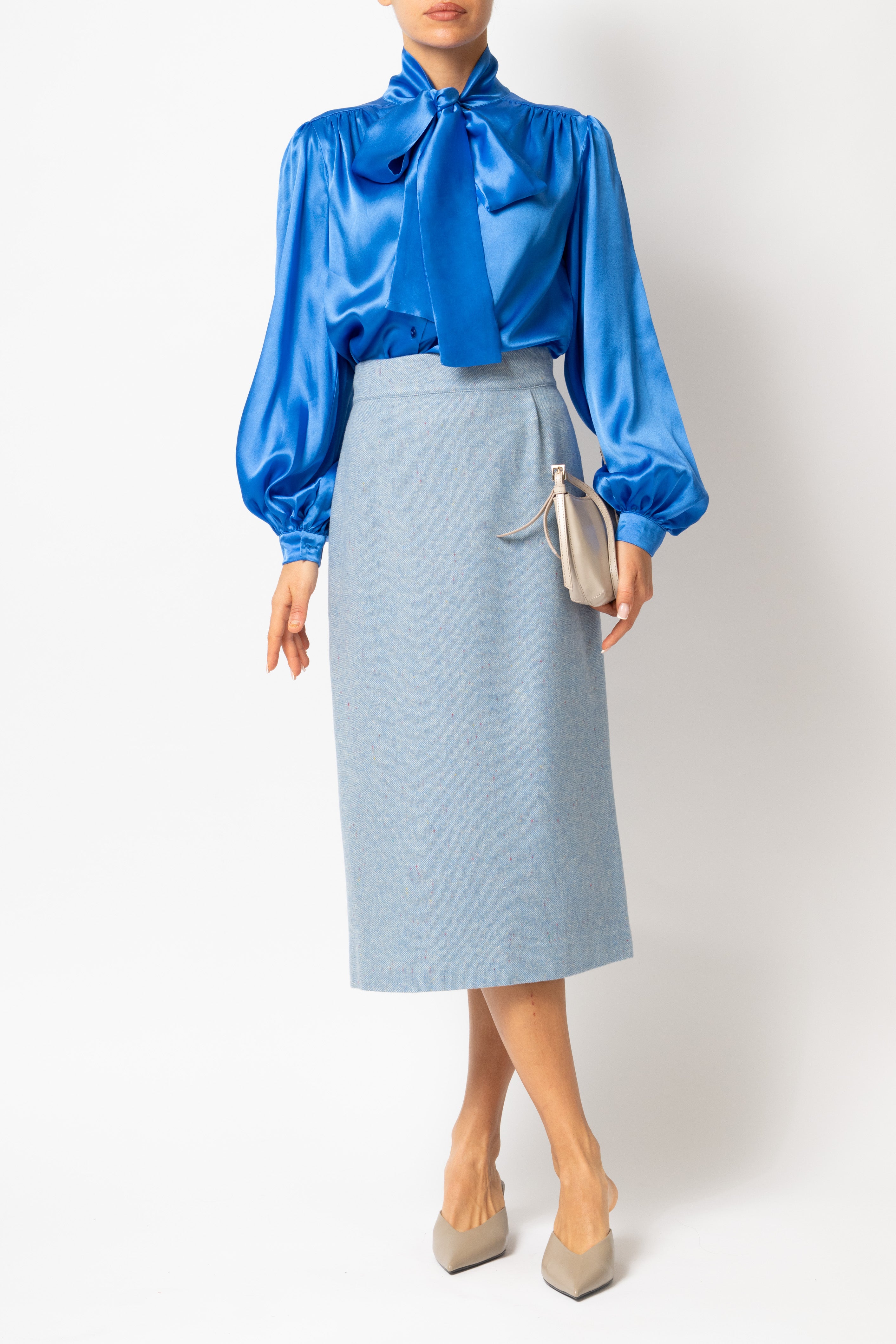 Bluza cu Funda Esarfa la Gat din Matase, Albastru Cobalt